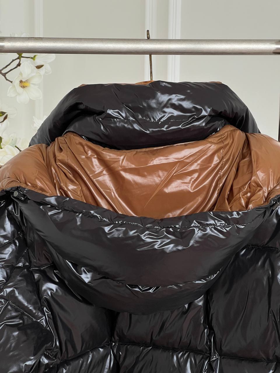 Moncler Black Shiny Nylon Contrast Brown Lining Detachable Hood Down Jacket