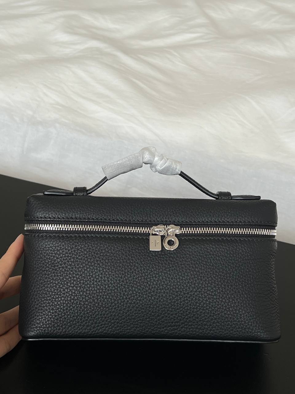Loro Piana Black Grained Leather Extra Pocket L19 Handheld Cosmetic Box Bag