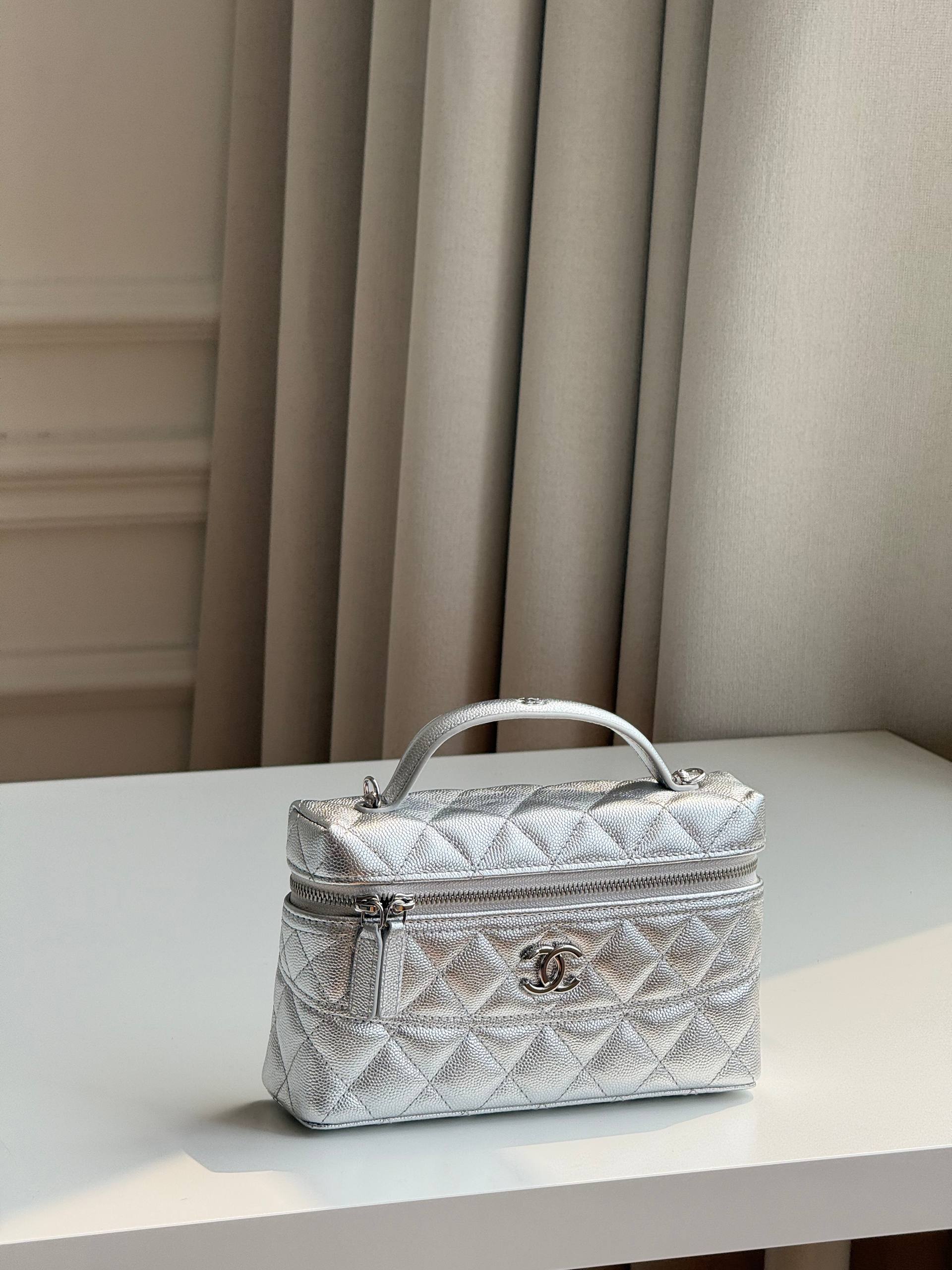 Chanel Silver Caviar Quilted Rectangular Chain Cosmetic Bag
