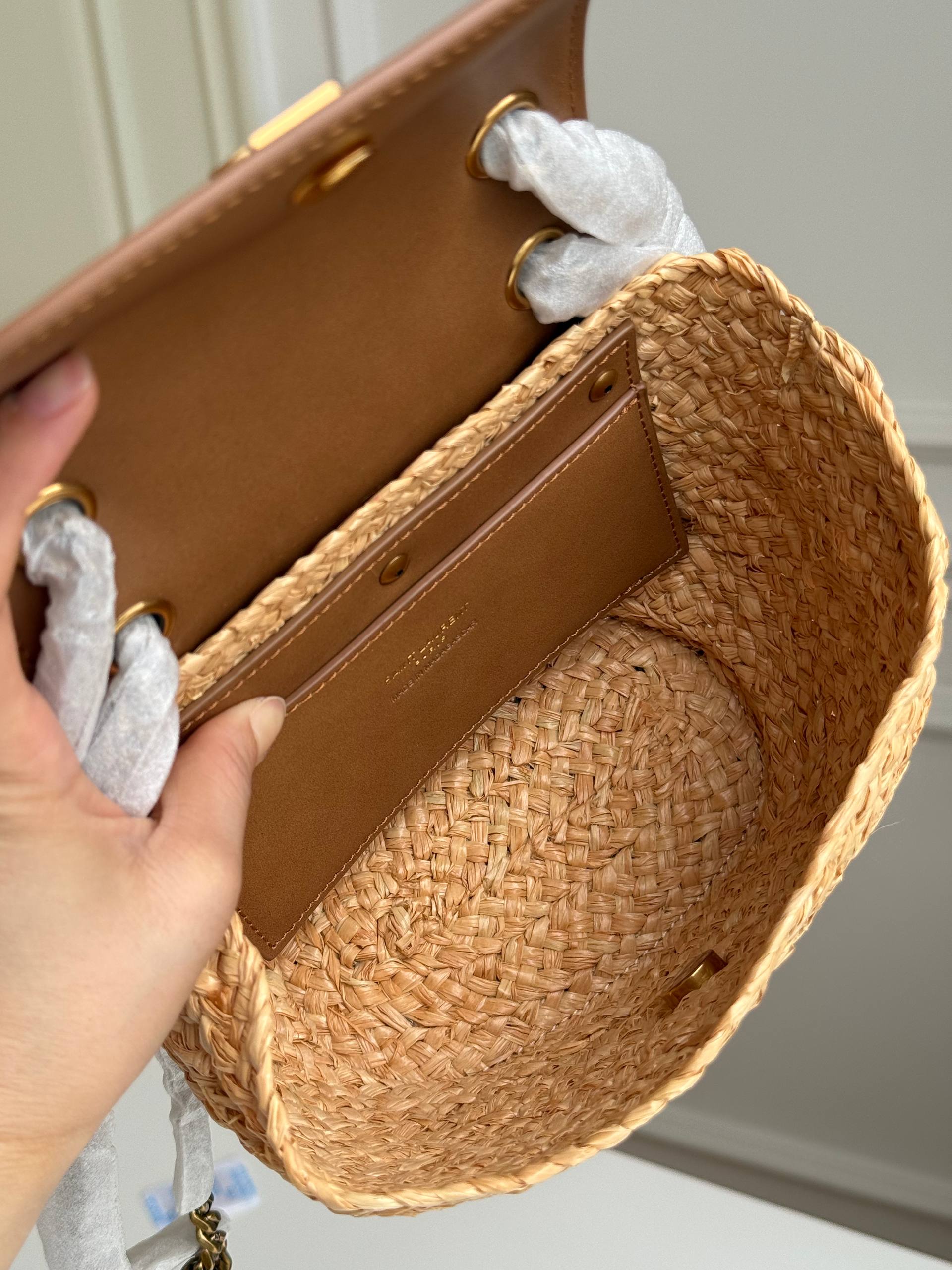 Saint Laurent (YSL) Cassandre Raffia & Leather Mini Bucket Bag