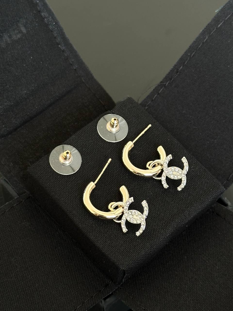 CHANEL Two-Tone Metal Earrings with Crystal CC Pendant