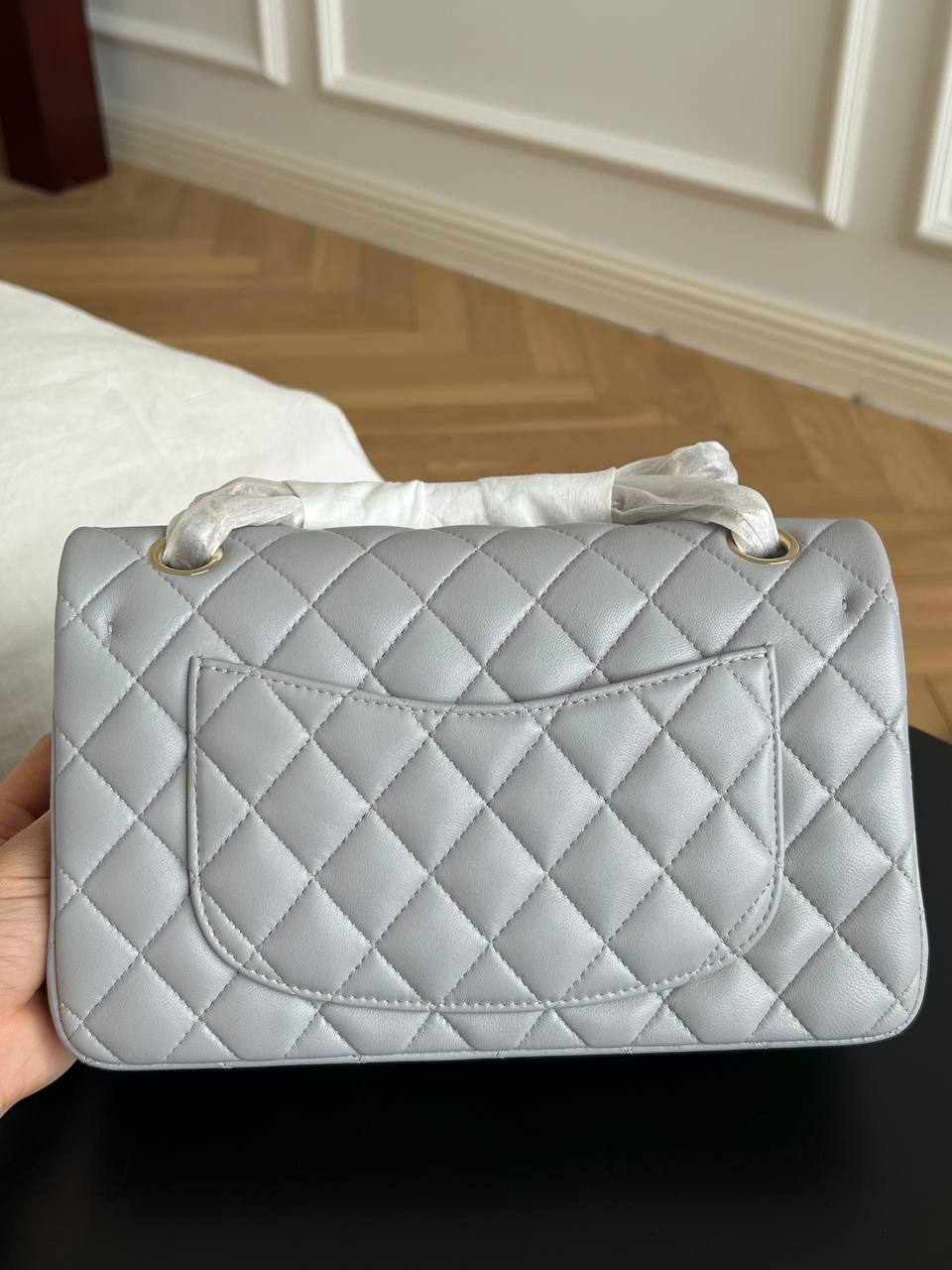 Chanel Light Grey Lambskin Quilted Classic Flap Top Handle Bag