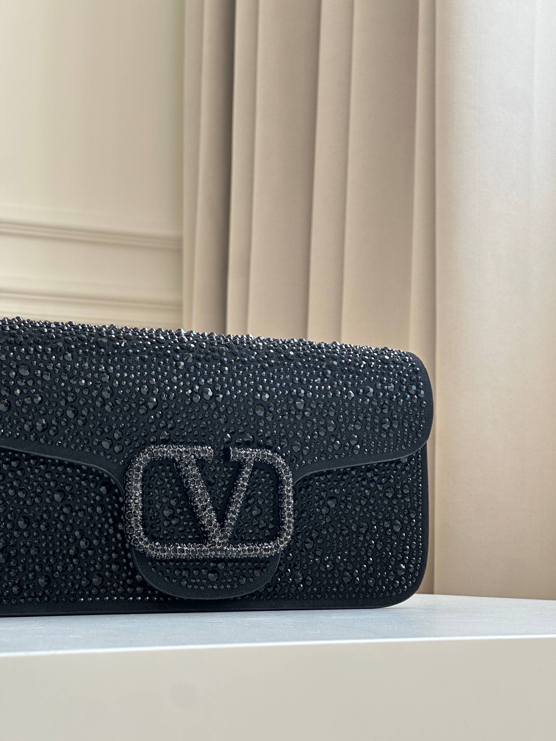 Valentino Black Full Crystal VLogo Flap Baguette Shoulder Bag