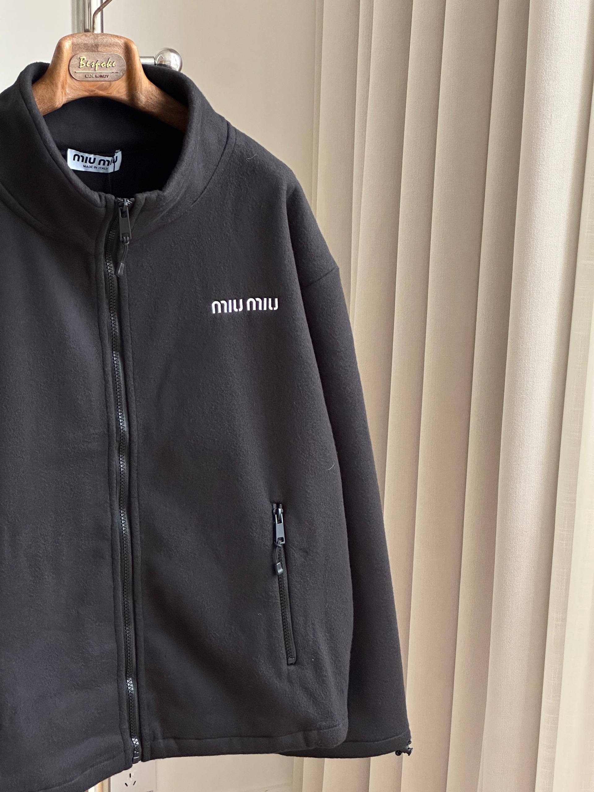 Miu Miu Black Stand Collar Fleece Zip Jacket with Front Embroidery Logo