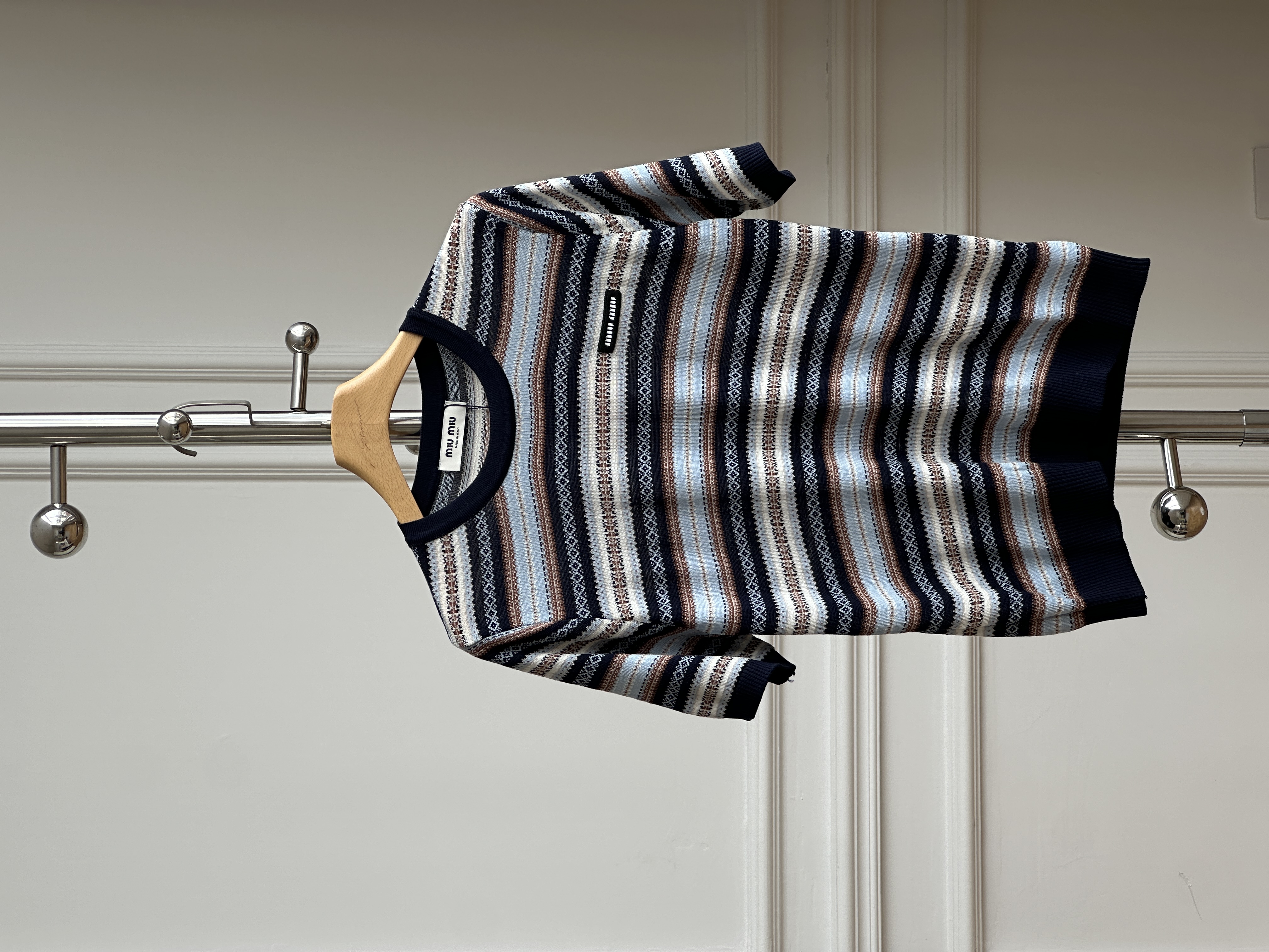 Miu Miu Fair Isle Striped Crew Neck Short Sleeve Knit Top