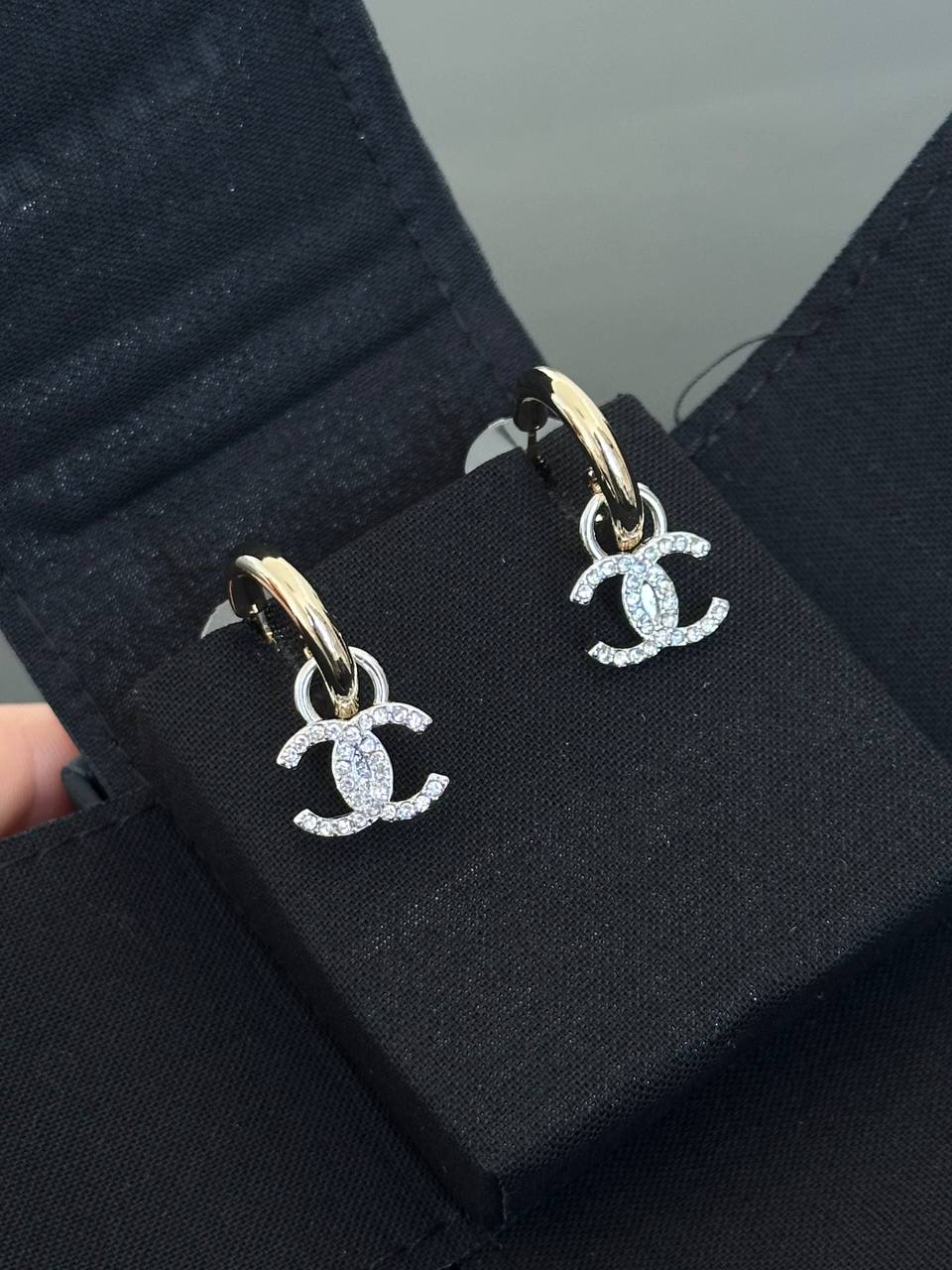 CHANEL Two-Tone Metal Earrings with Crystal CC Pendant
