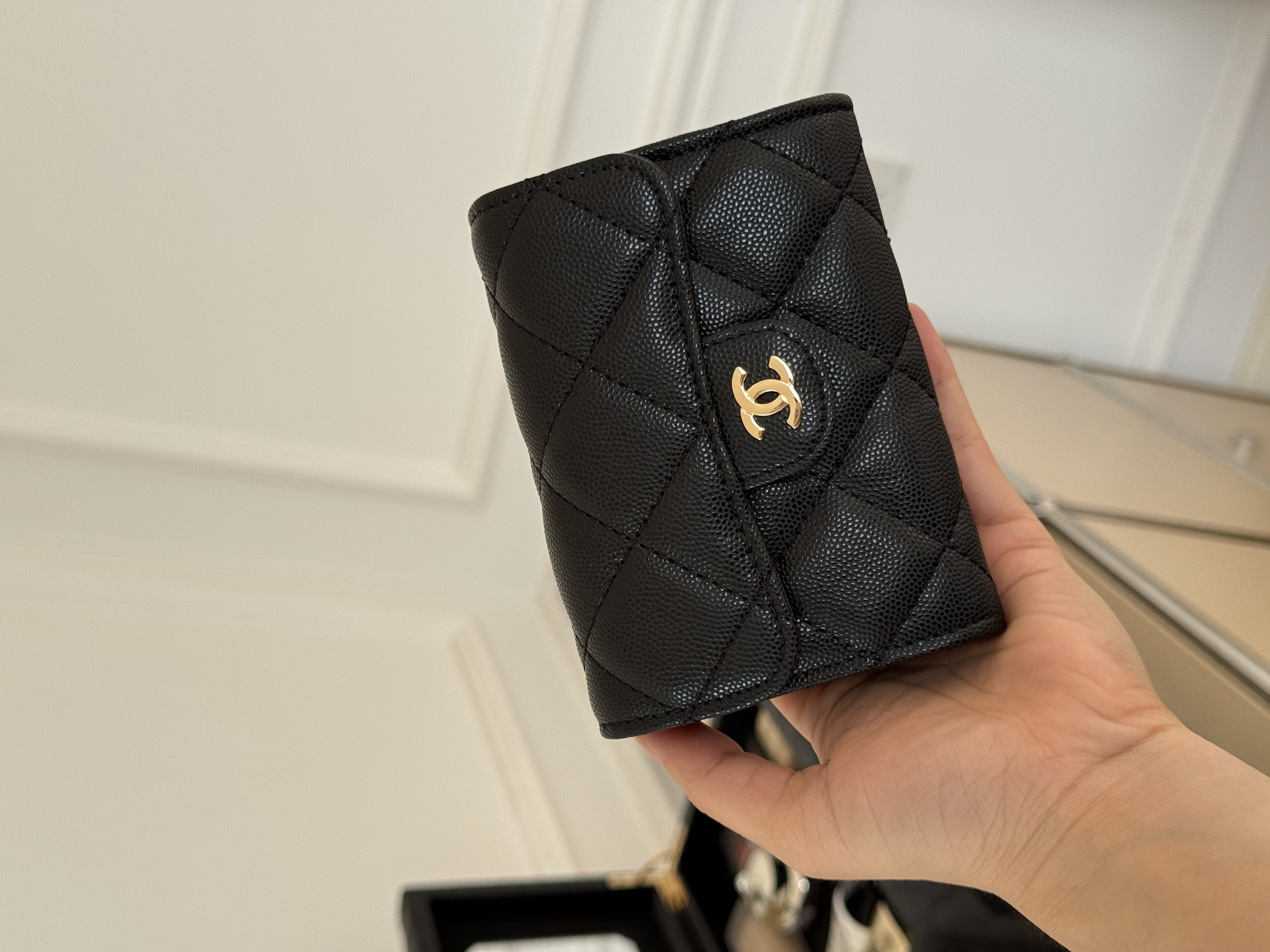 Chanel Quilted Caviar Leather Gold CC Flap Short Wallet