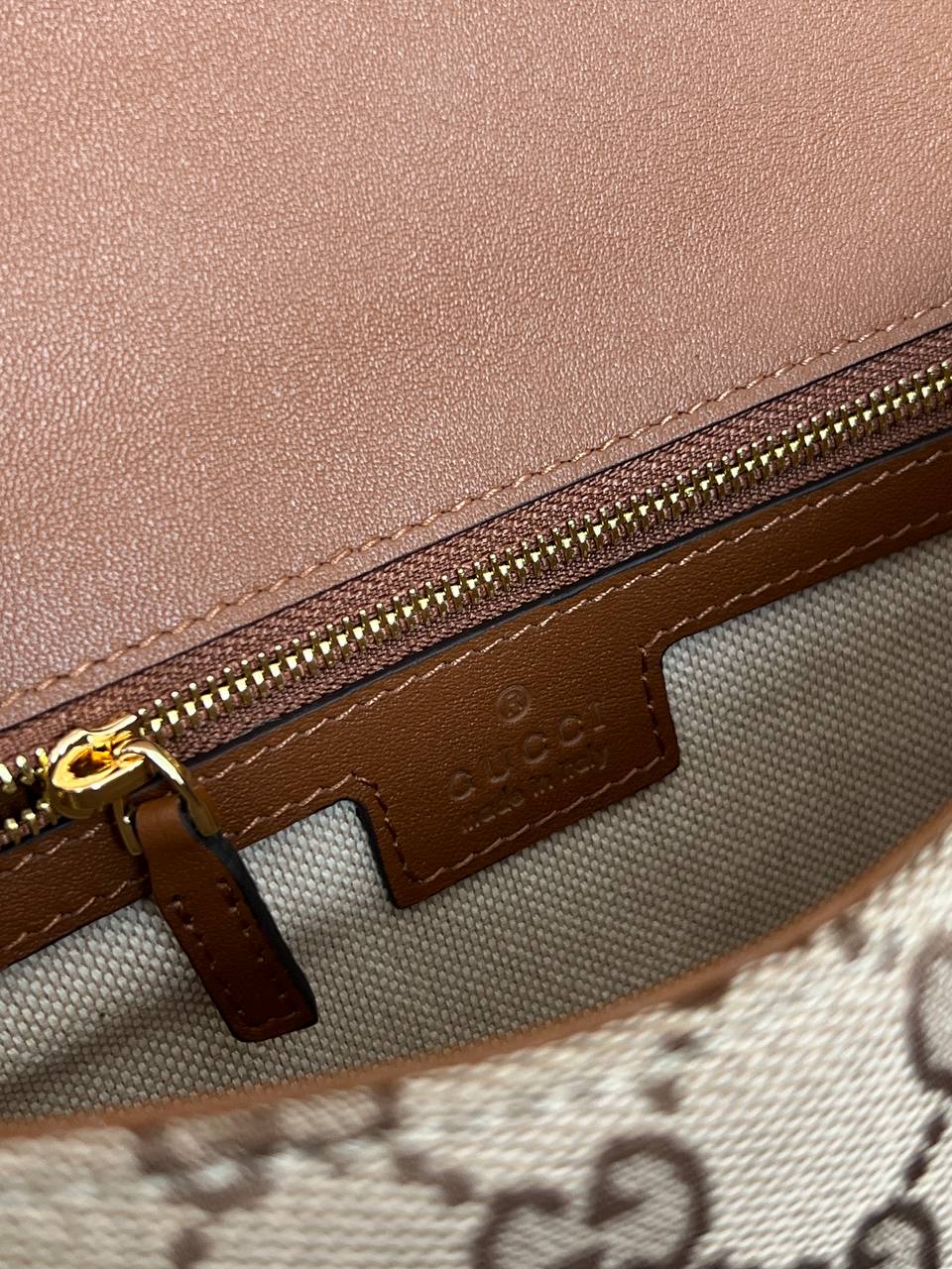 Gucci GG Monogram Canvas Brown Leather Trim Round G-logo Saddle Crossbody Bag