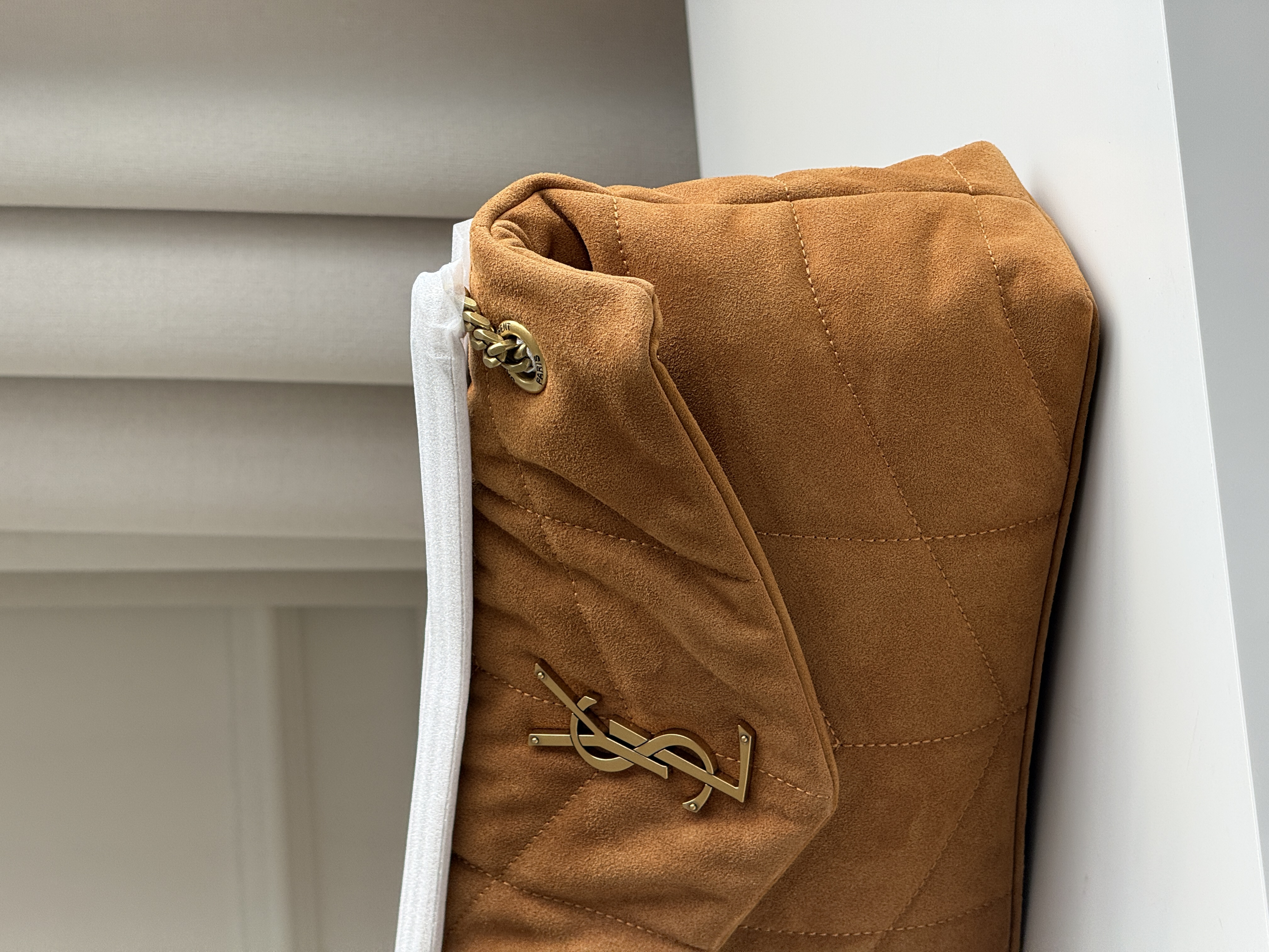 Yves Saint Laurent Caramel Suede Quilted LouLou Medium Chain Shoulder Bag