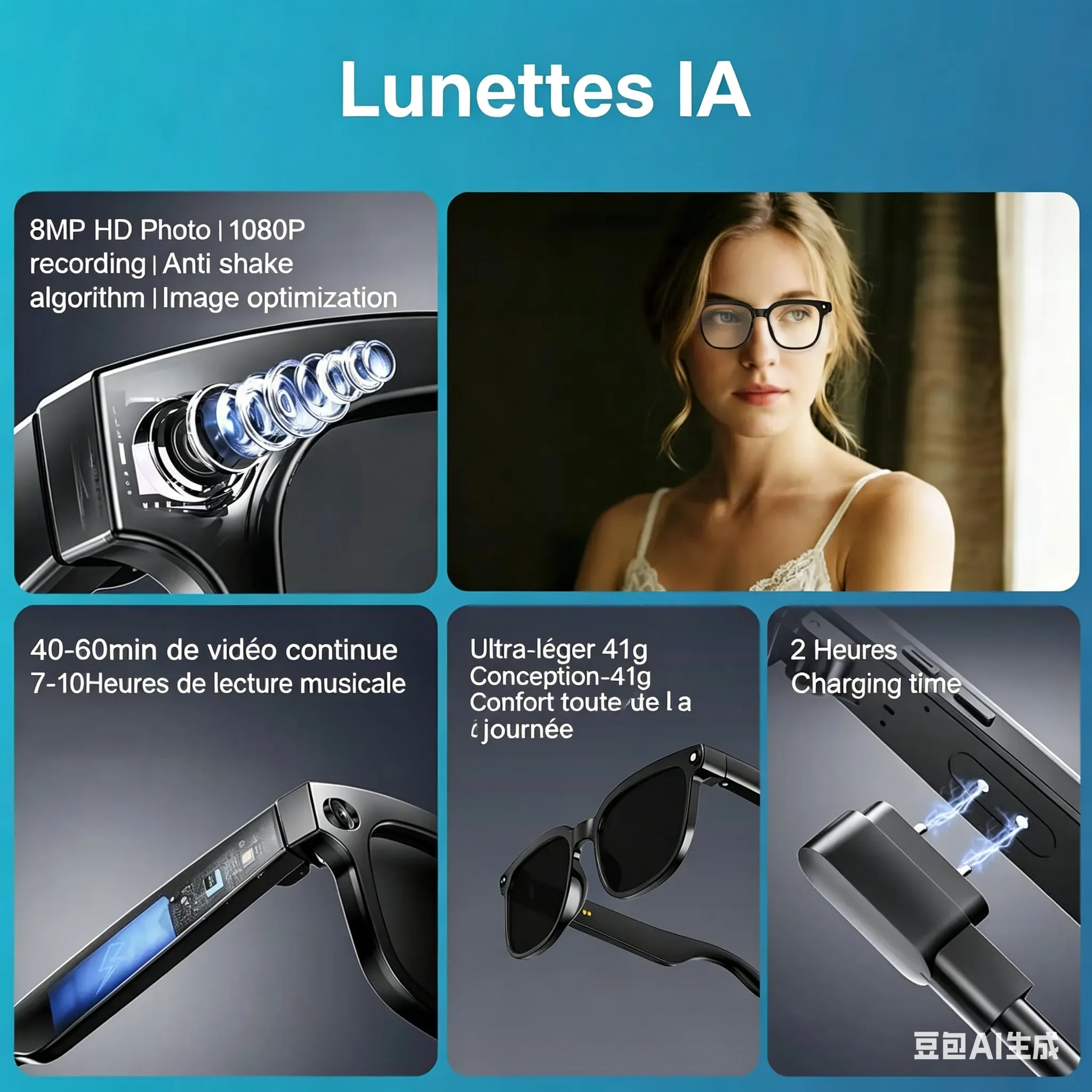 Lunettes intelligentes Bluetooth avec caméra