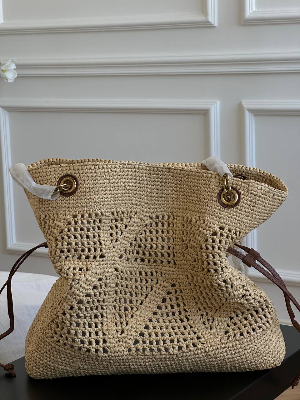 YSL Natural Raffia Hollow Weave Drawstring Chain Tote Straw Bag