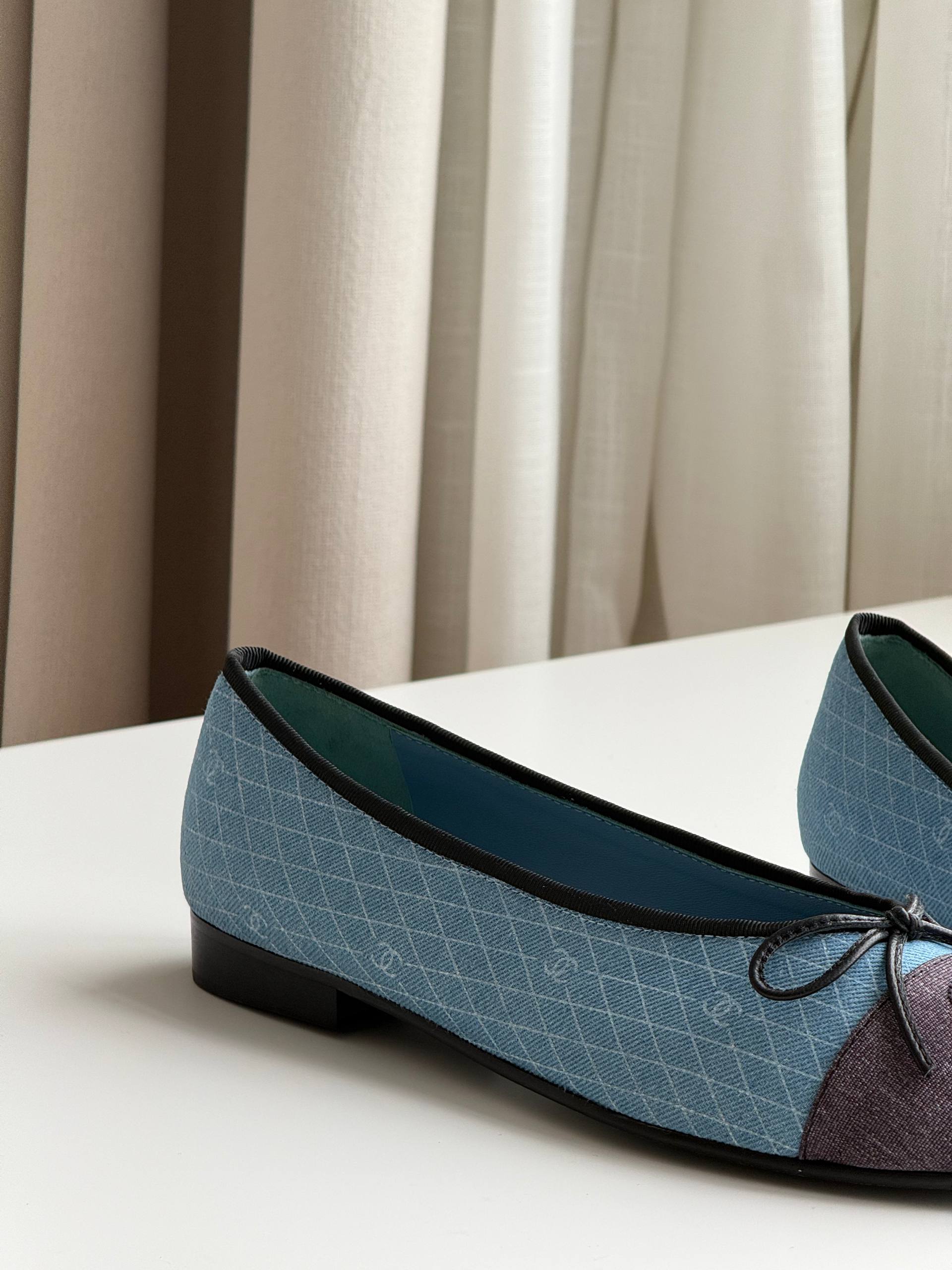 CHANEL Classic Quilted CC Embroidered Cap-Toe Ballet Flats (Blue & Grey)