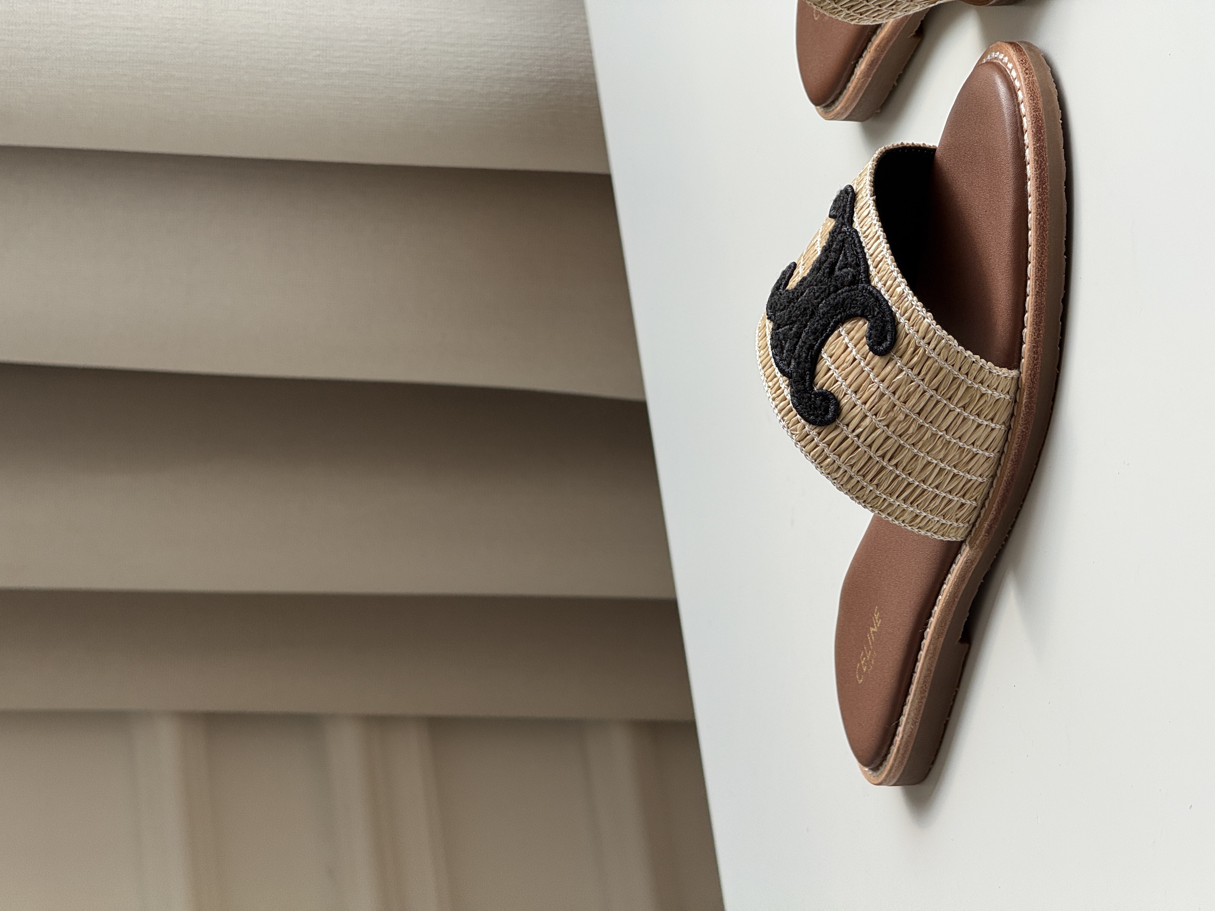 Celine Raffia Woven Slide Sandals With Black Triomphe Embroidery Logo