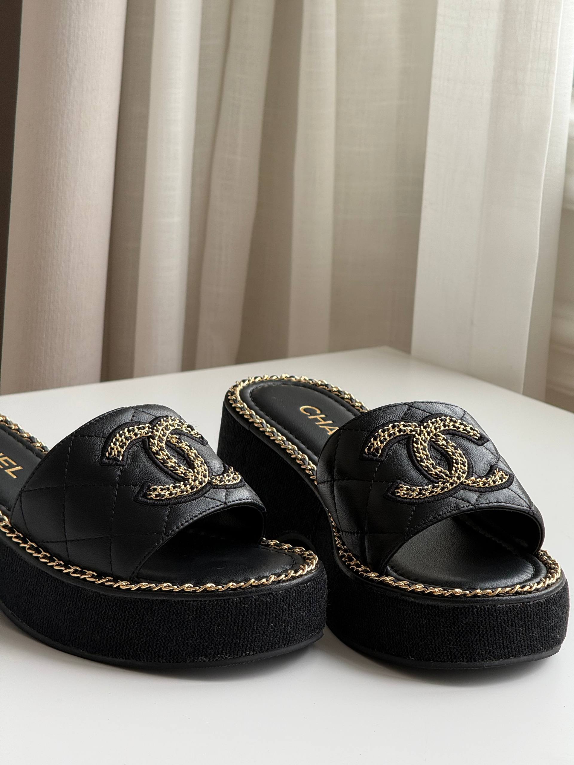 CHANEL Quilted Leather CC Logo Chain-Trim Wedge Slide Sandals