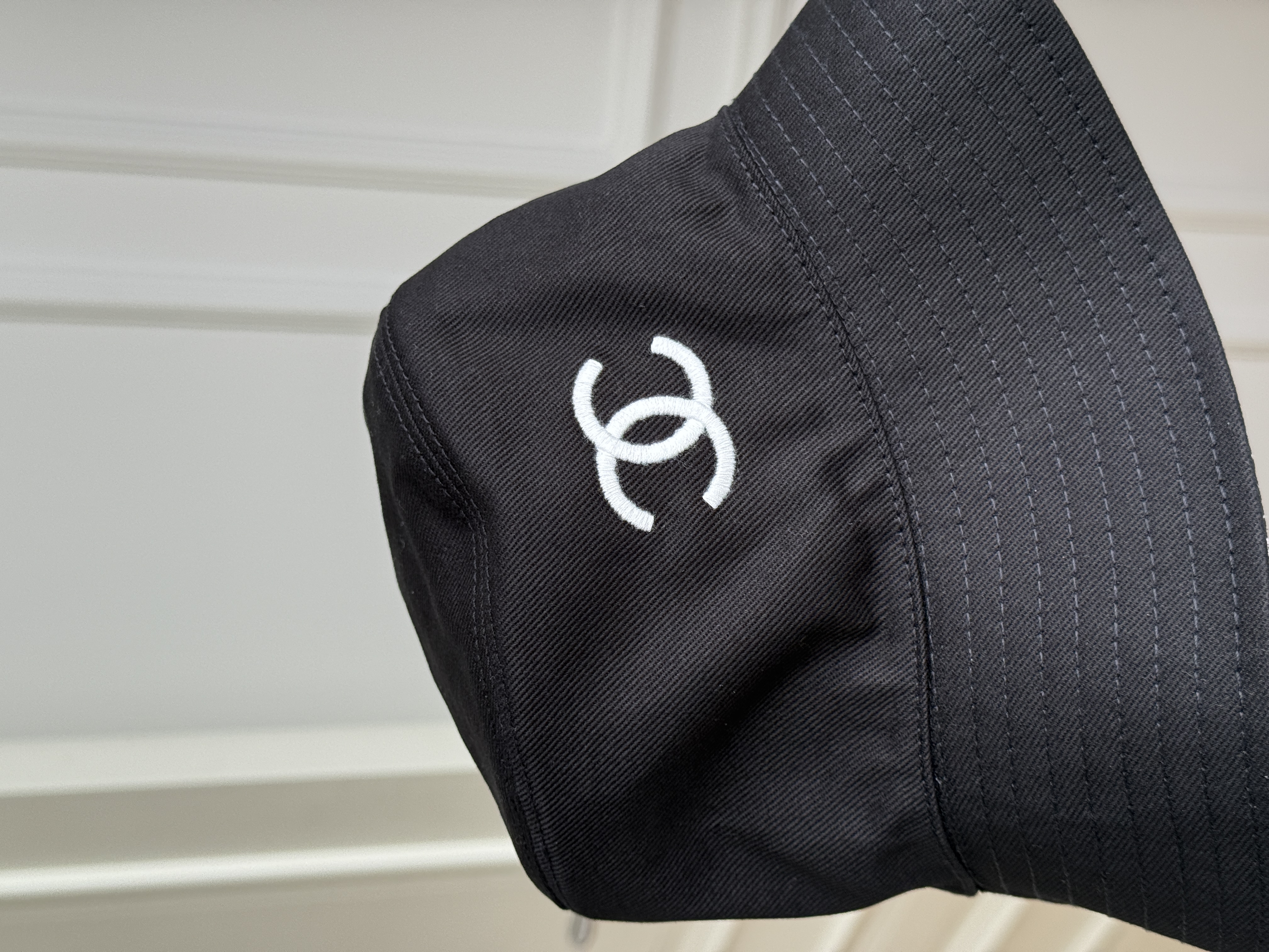 Chanel Black Twill Fabric Bucket Hat With White Interlocking CC Embroidery