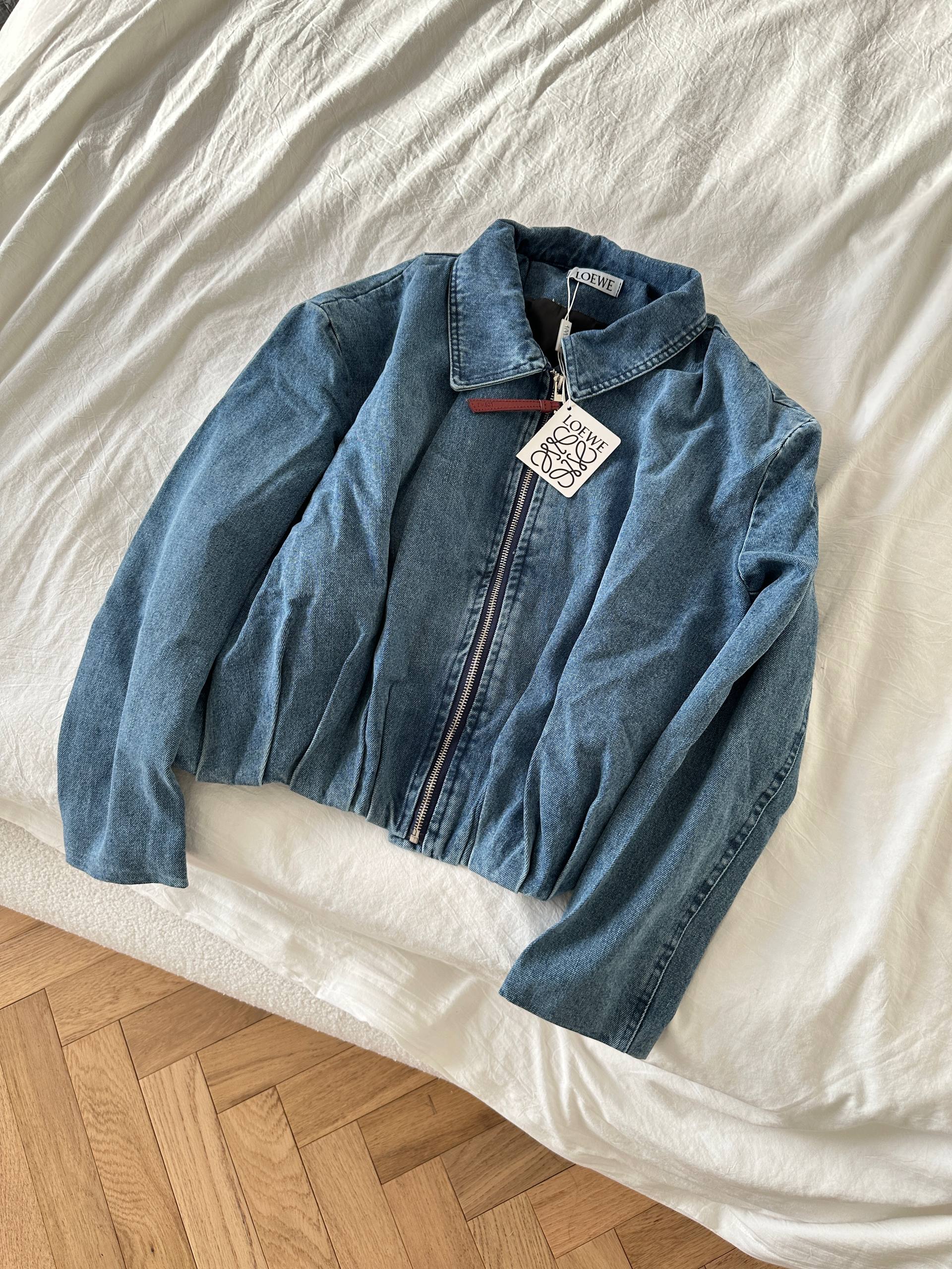 Loewe Washed Denim Gathered Waist Zip Bomber Jacket