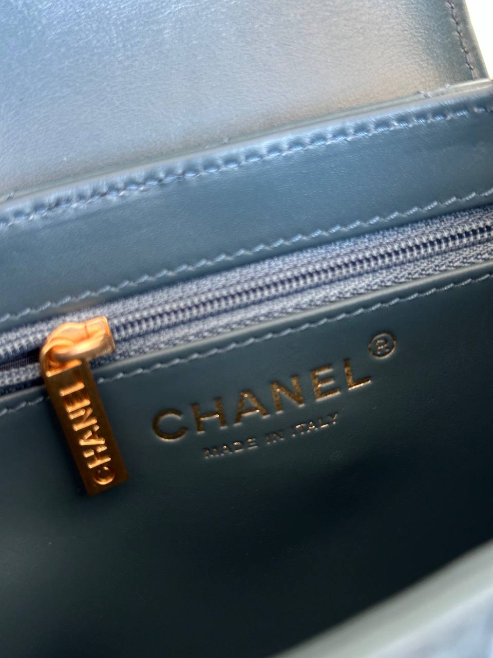 Chanel Smoky Blue Lambskin Quilted Mini Kelly Top Handle Bag