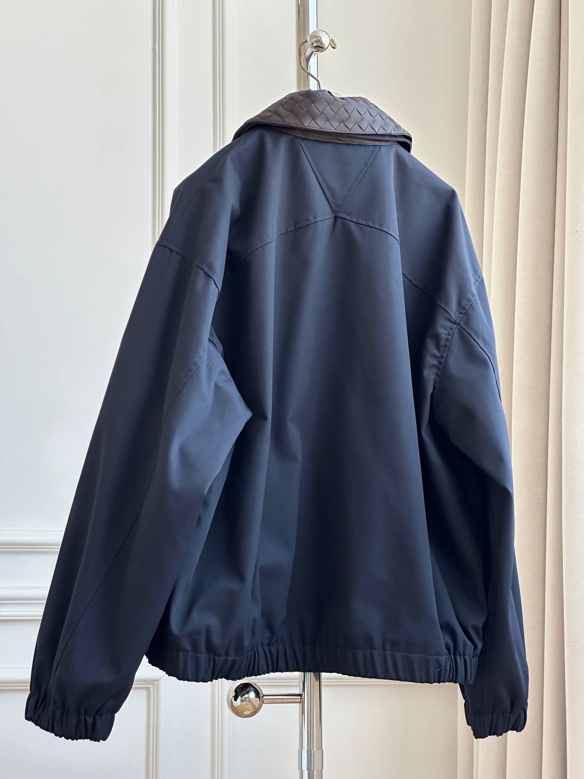 Bottega Veneta Cotton Twill Bomber Jacket with Intrecciato Leather Collar