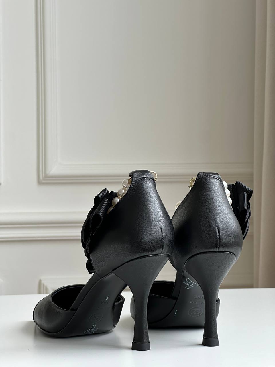 Chanel Black Calfskin & Grosgrain Camellia Pearl Ankle Strap Pointed Toe Slingback Heels