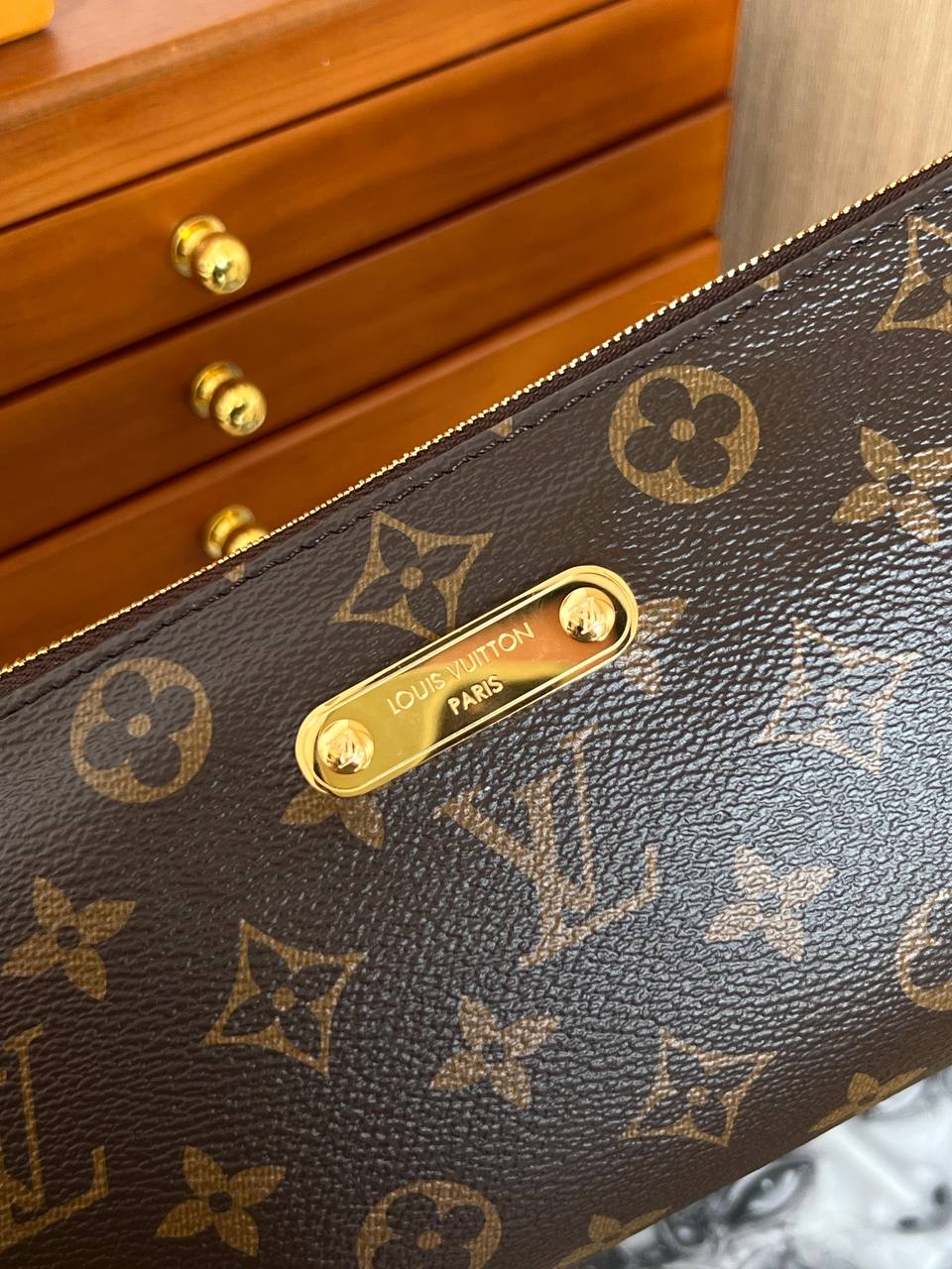 Louis Vuitton Monogram Zip Shoulder Bag with Gold Nameplate Chain Strap