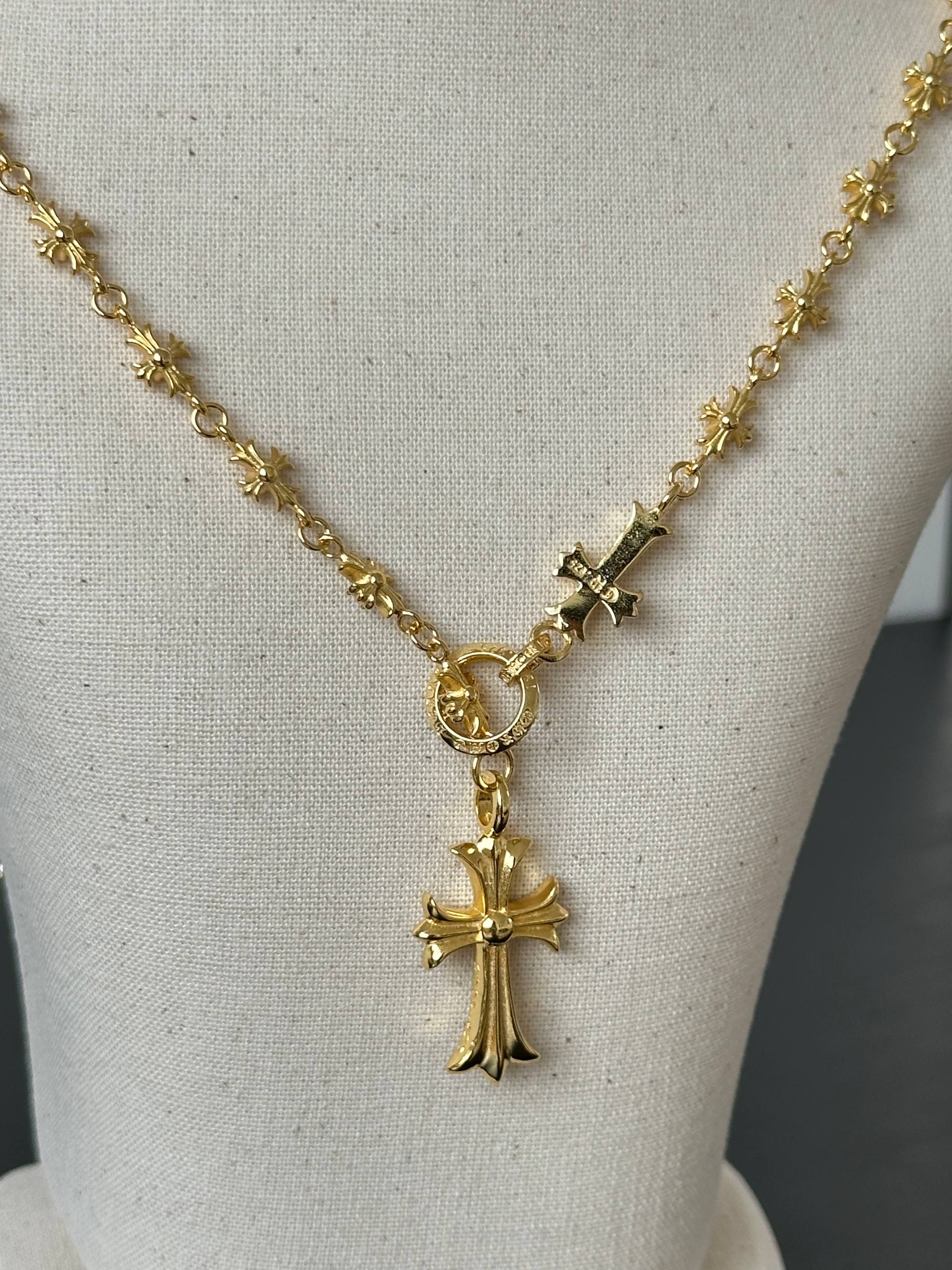 Chrome Hearts Cross Pendant Necklace with Blue Enamel/Stones