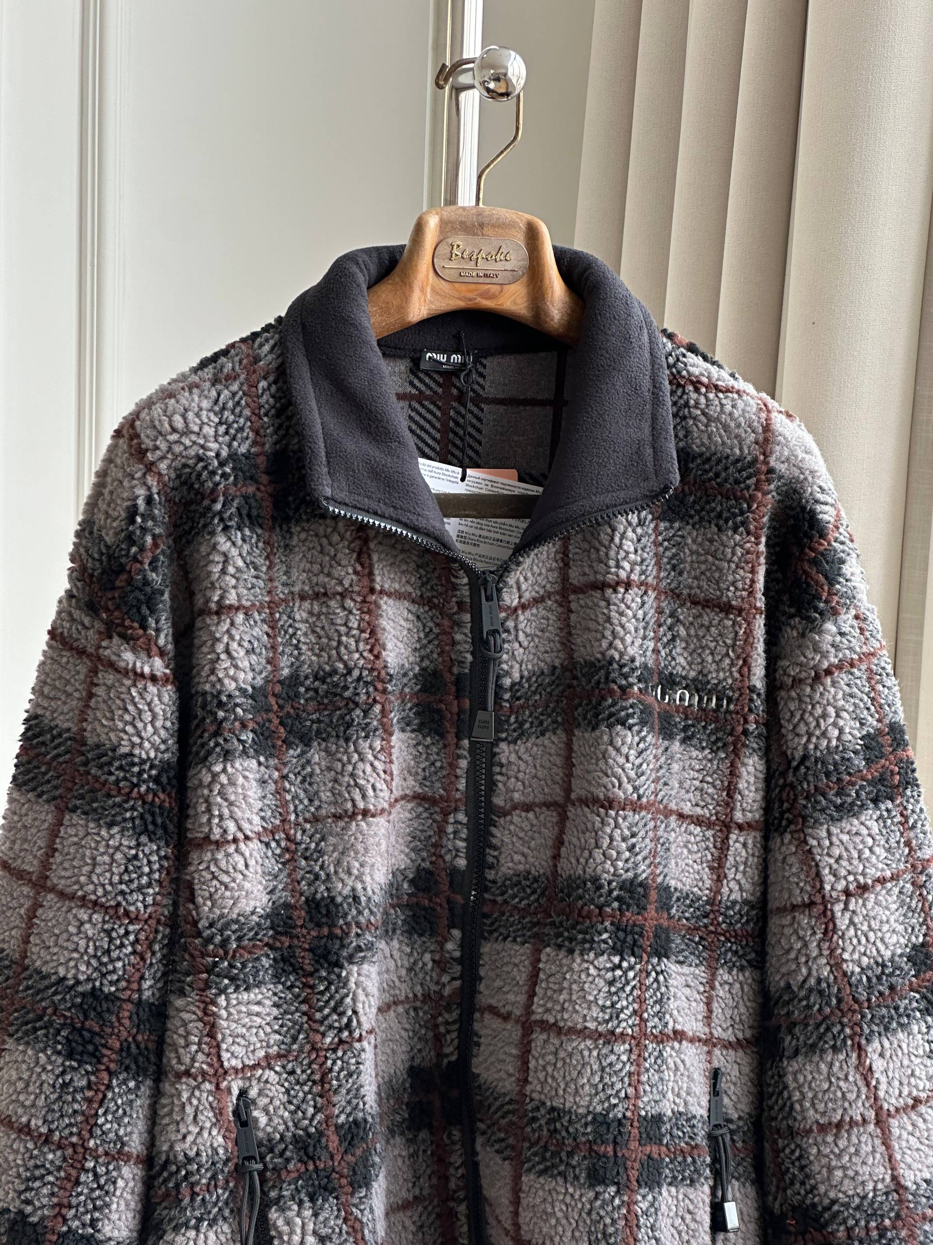 Miu Miu Plaid Fleece Stand Collar Zip-up Cropped Jacket