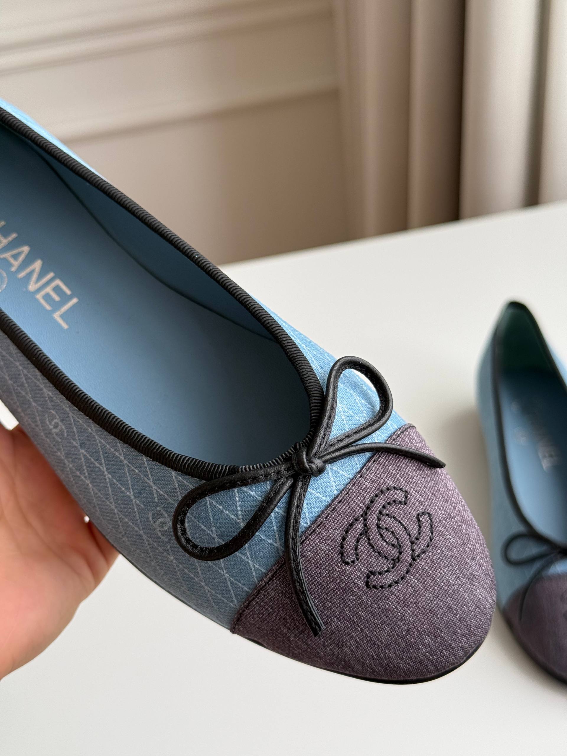 CHANEL Classic Quilted CC Embroidered Cap-Toe Ballet Flats (Blue & Grey)