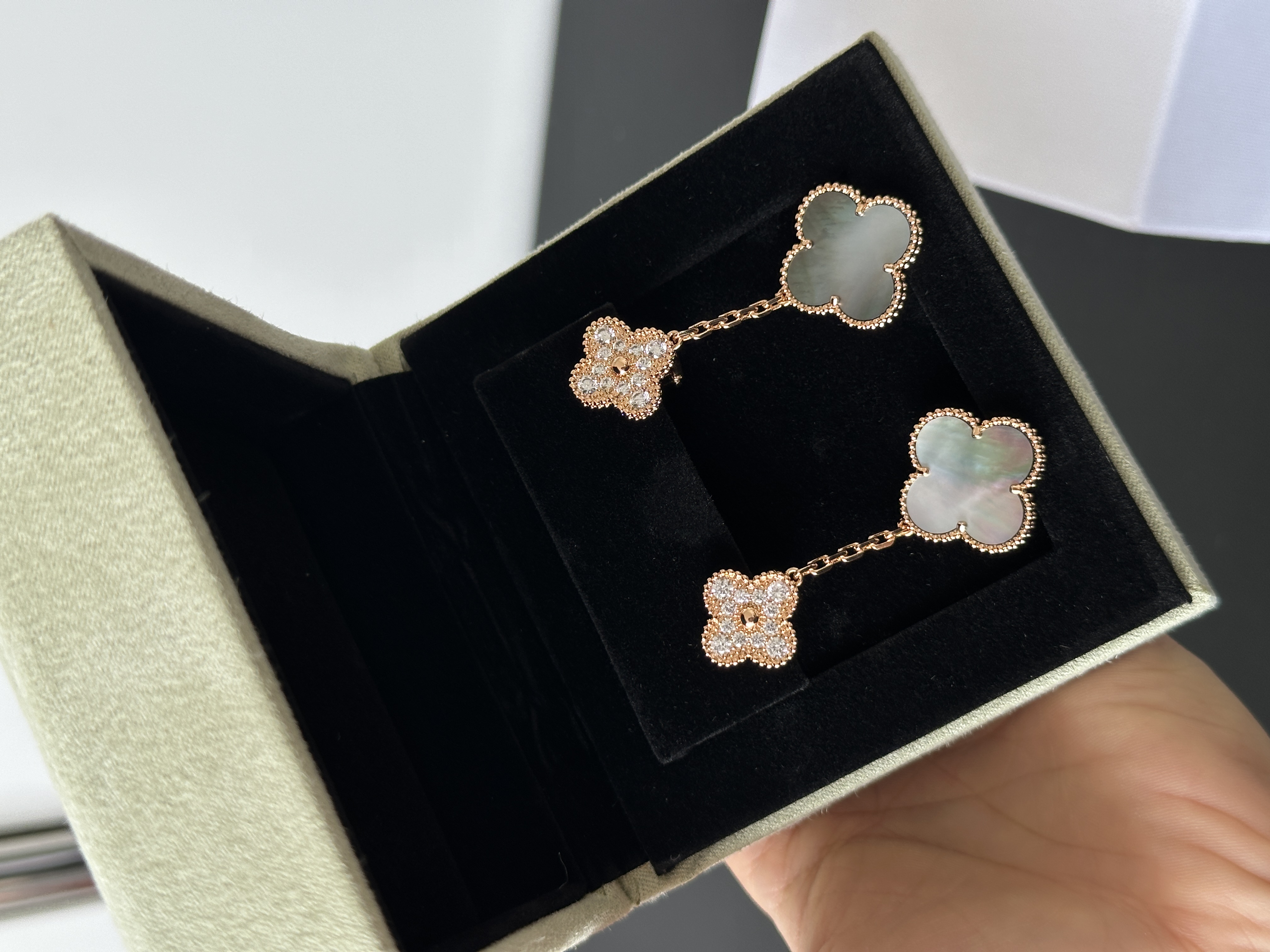 Van Cleef & Arpels Vintage Alhambra Rose Gold Diamond Grey Mother-of-Pearl Drop Earrings