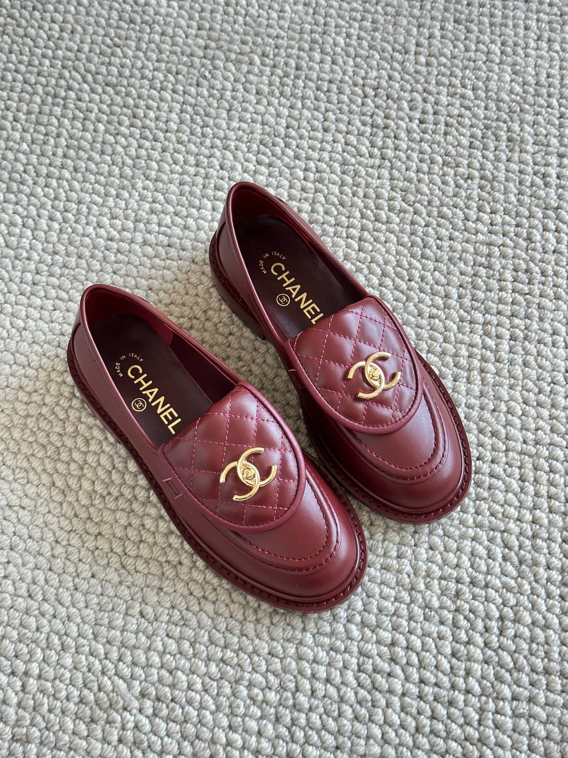 Chanel Burgundy Lambskin Quilted Loafers Flat Shoes