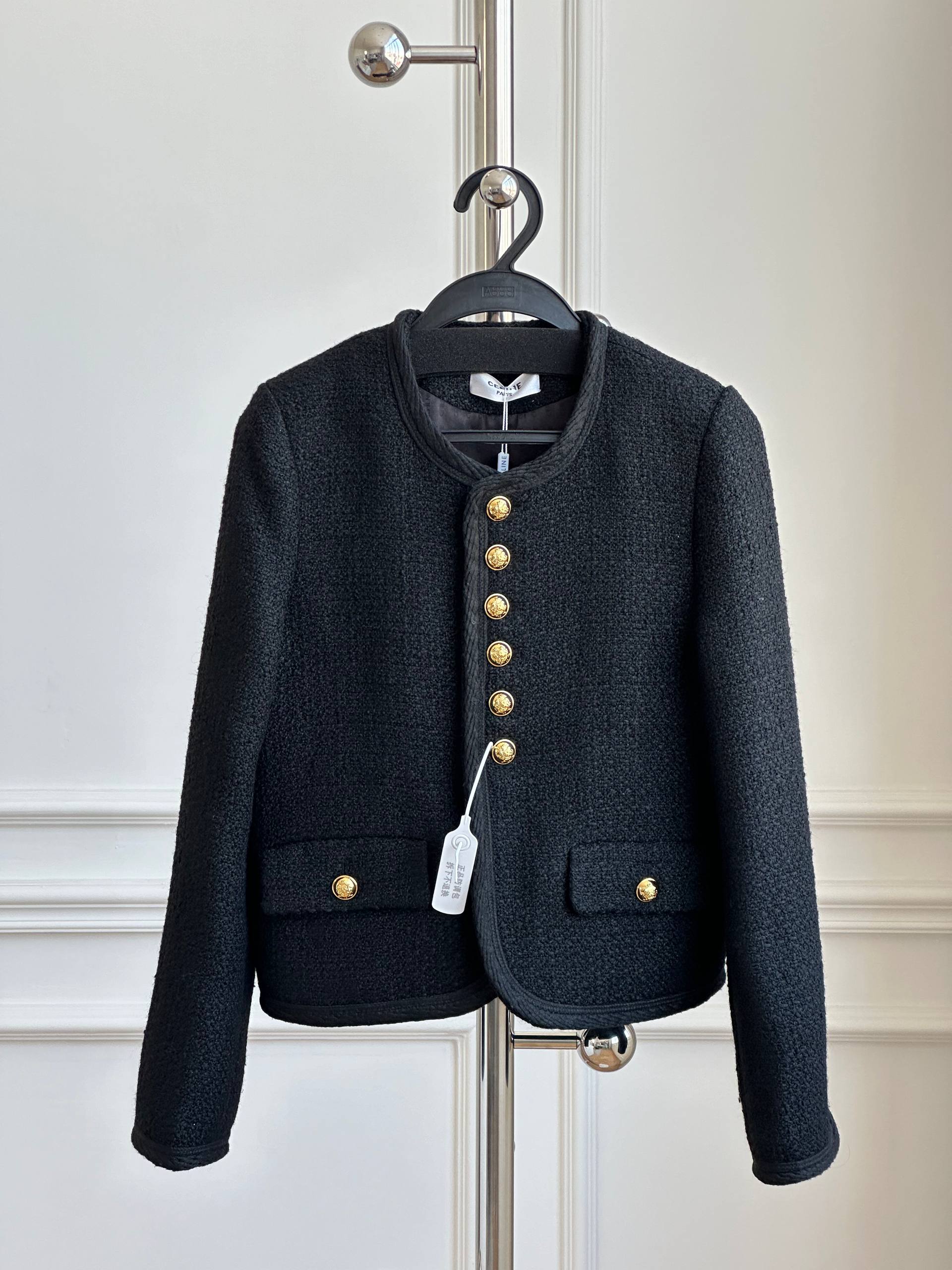 Black Tweed Short Jacket with Gold Buttons