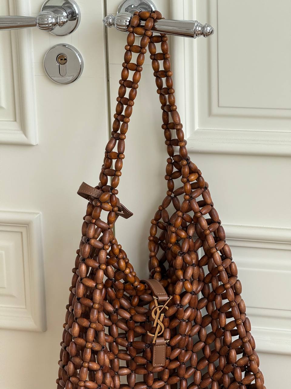 SAINT LAURENT LE 5 À 7 Large Wood Beaded Hobo Bag