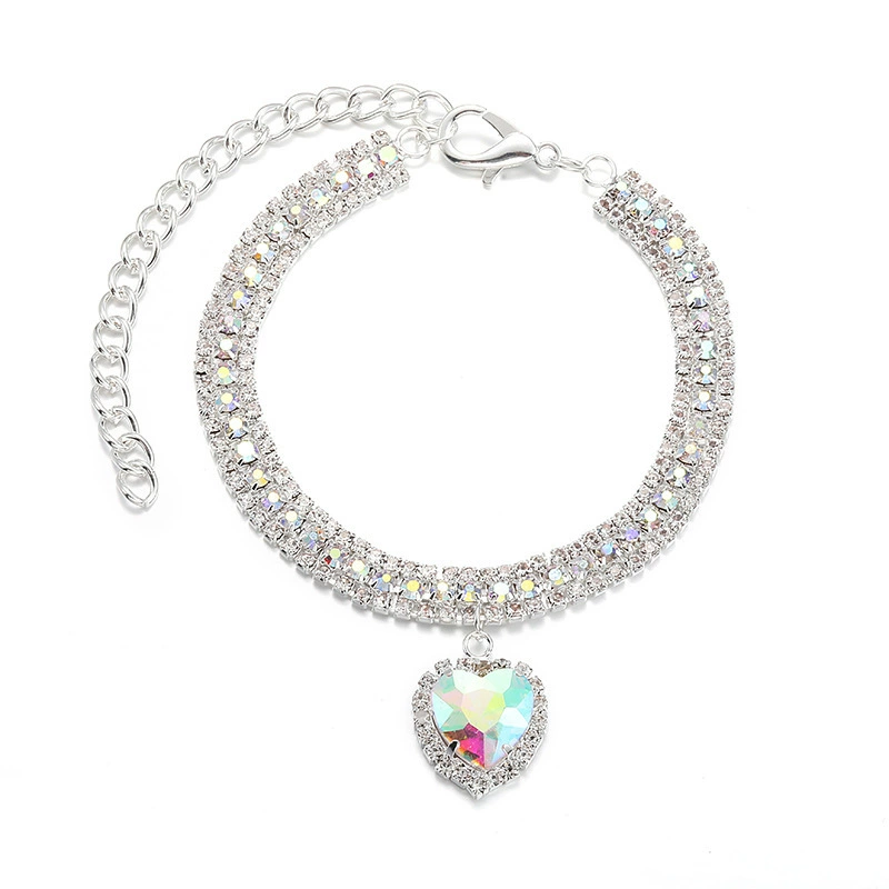 Aurora Borealis Heart Rhinestone Pet Choker Adjustable Silver Chain Cat Dog Collar - MAISONKAIRON