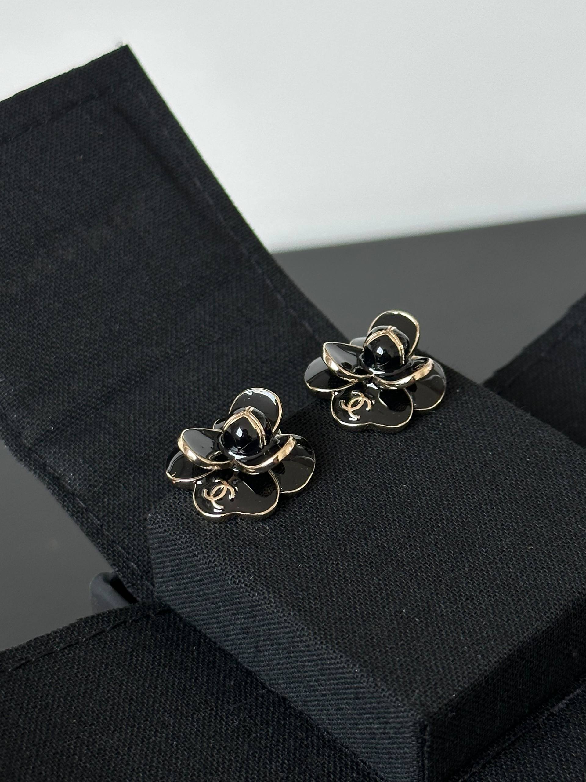 Chanel Black Gold Camellia Stud Earrings