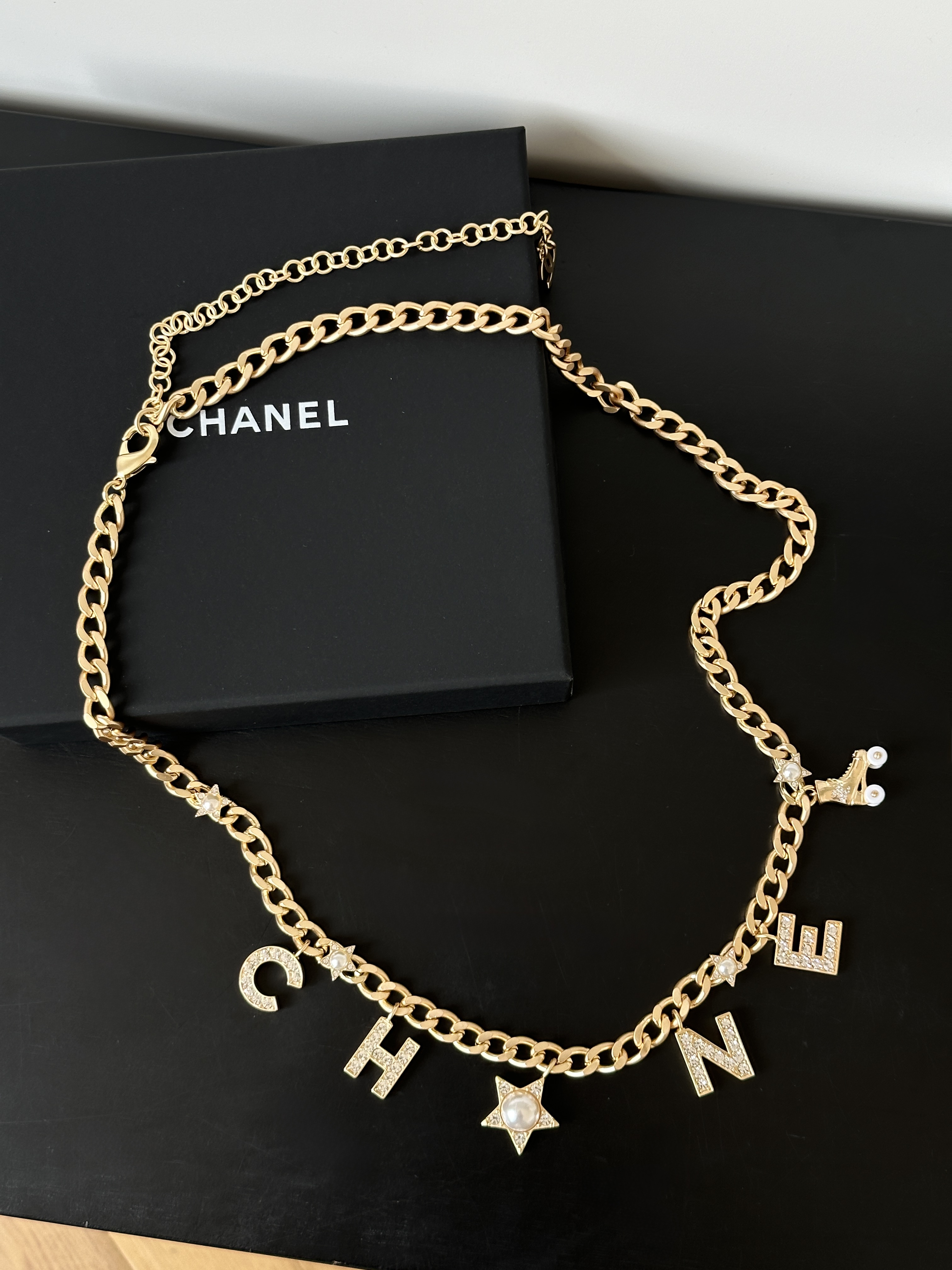 Chanel Light Gold Thick Cuban Chain Waist Belt With Crystal CHANE Letters, Star & Pearl Charms, Dual-Purpose As Necklace