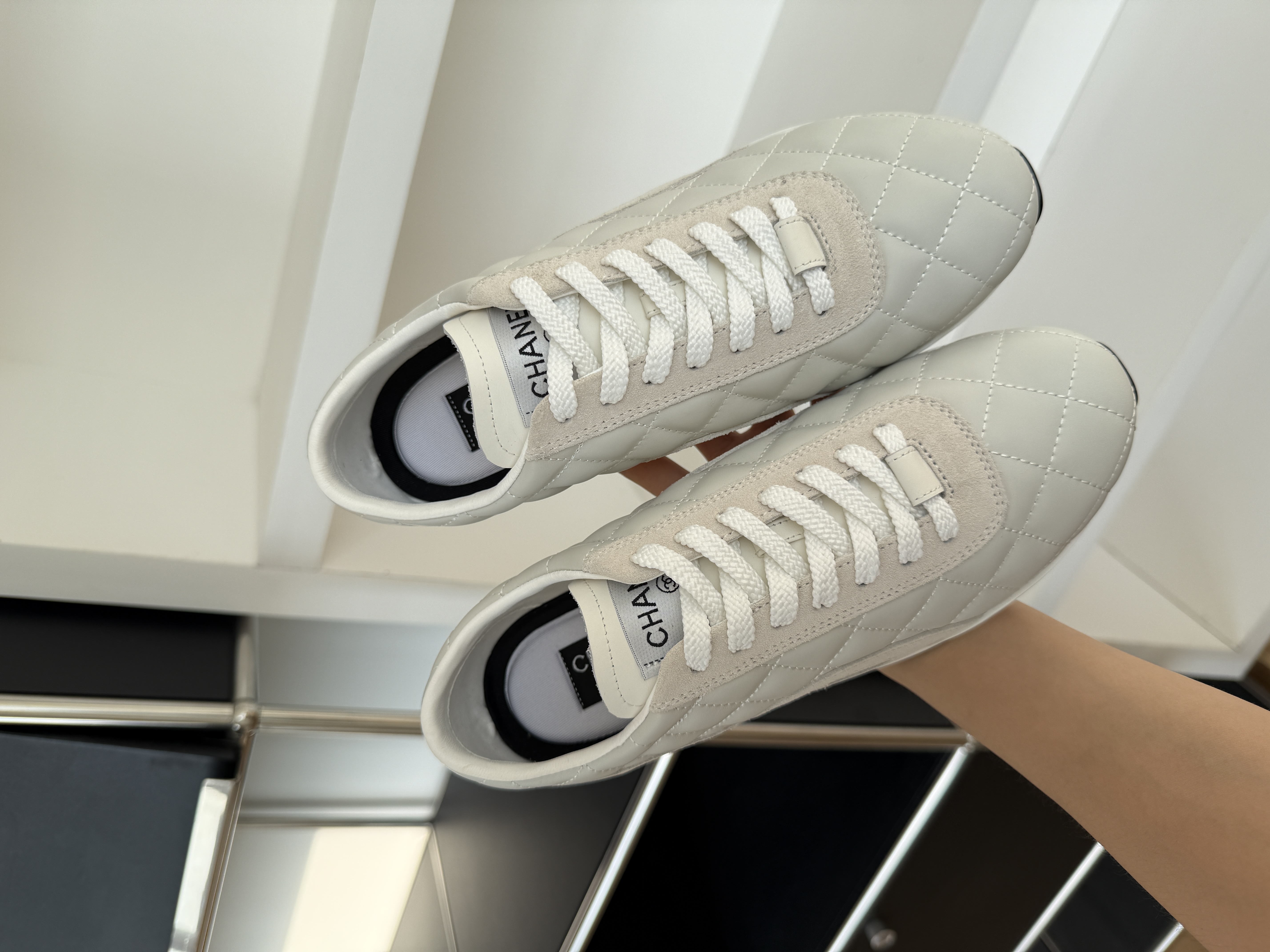 Chanel Quilted Lambskin Suede Trim Lace-Up Trainer Sneakers