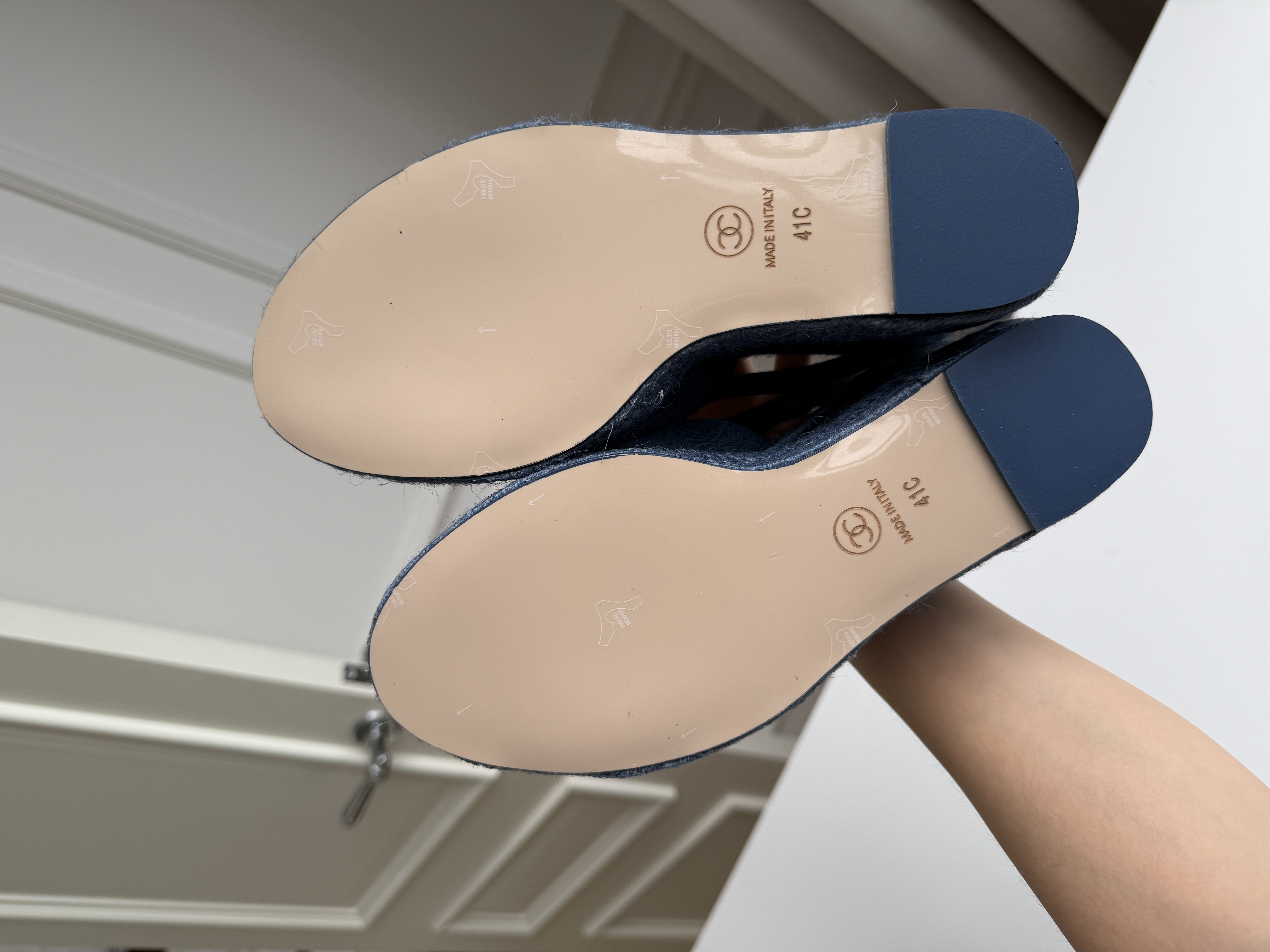 CHANEL Denim CC Logo Raffia Wedge Heel Slingback Peep Toe Sandals