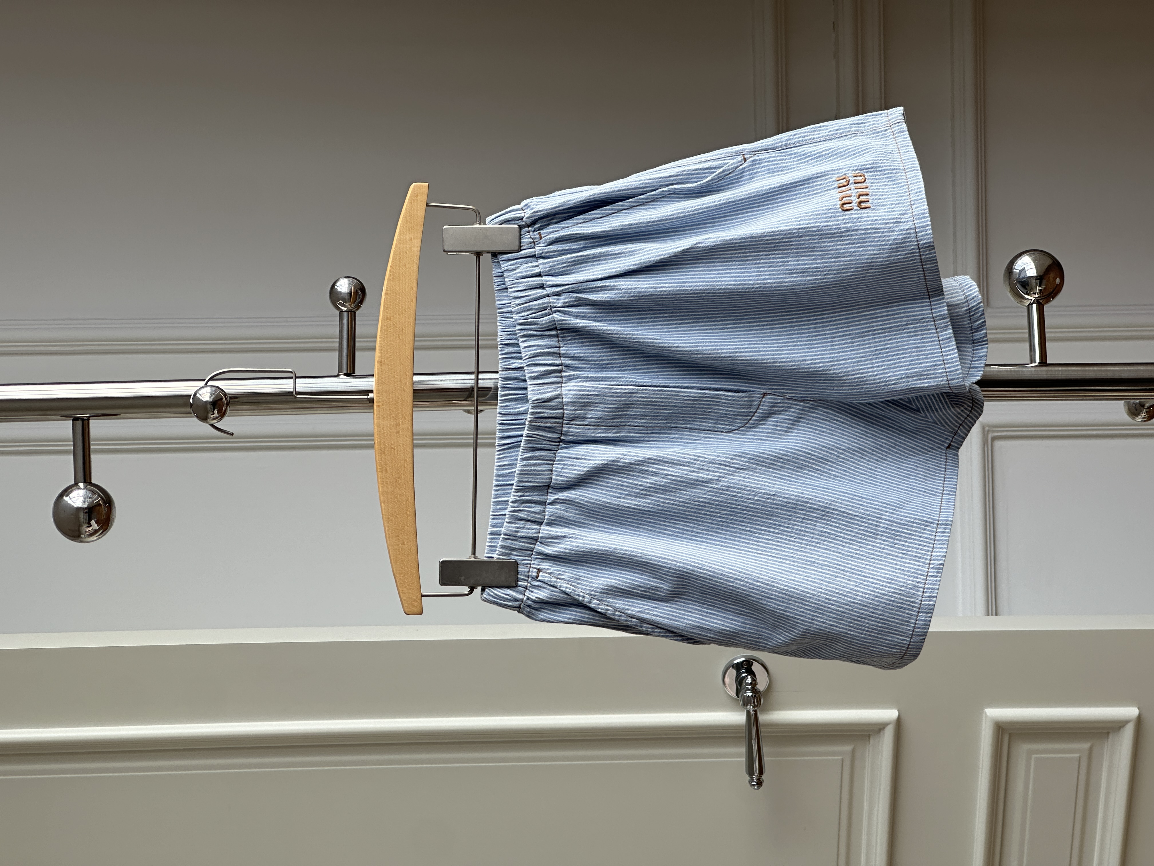 Miu Miu Blue White Vertical Stripe Elastic Waist Embroidered Logo Loose Casual Shorts