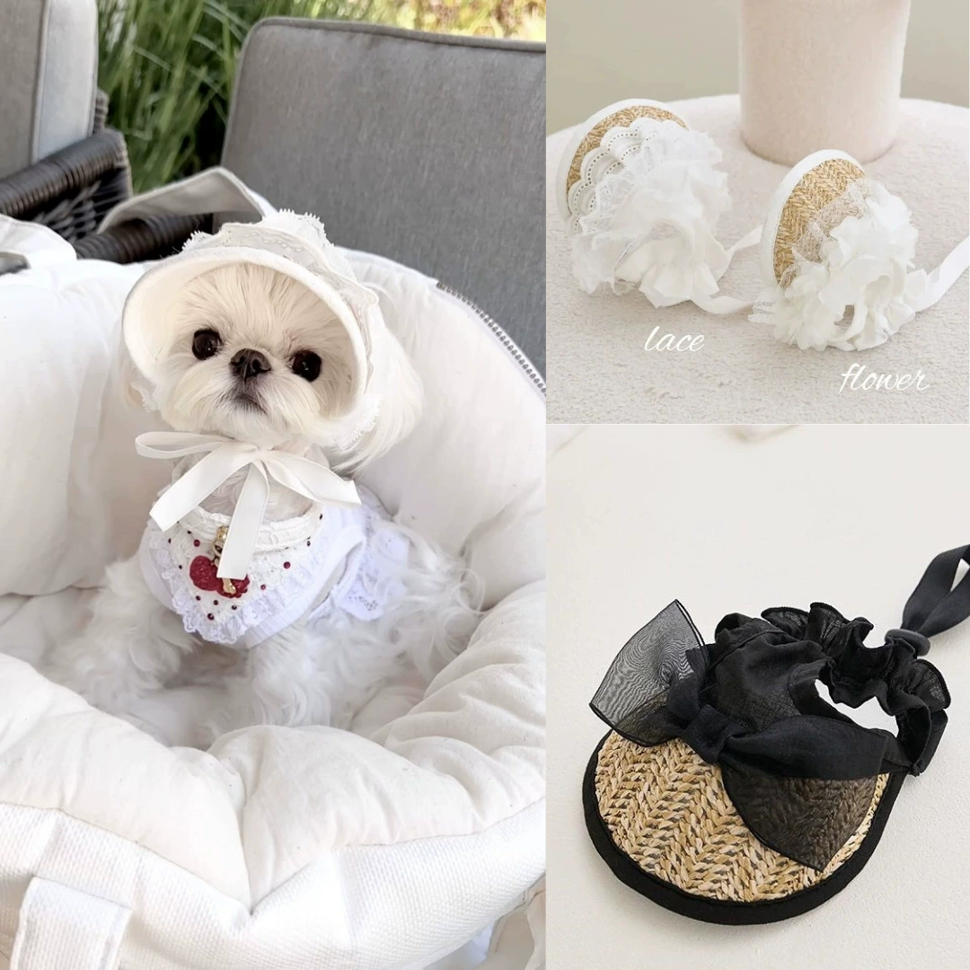 French Lace&Flower&Bow Wicker Dog Cat Sun Hat Adjustable Tie Sun Protection Visor - MAISONKAIRON