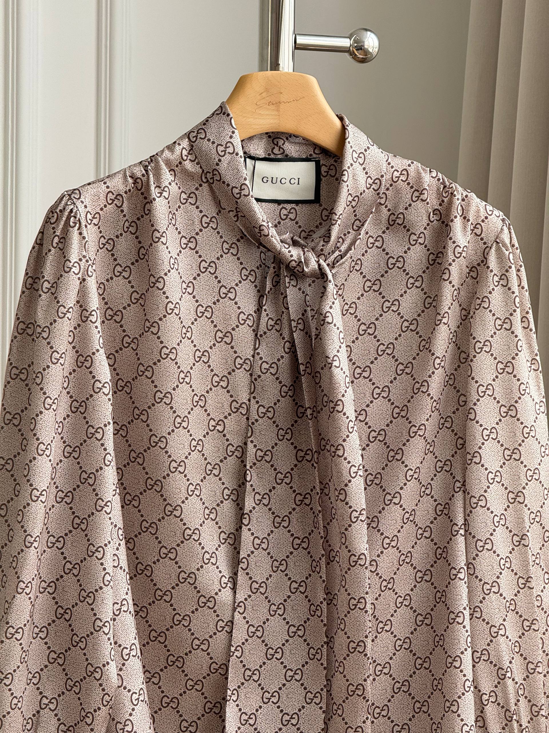 Gucci All-over GG Monogram Bow Tie Neck Satin Blouse