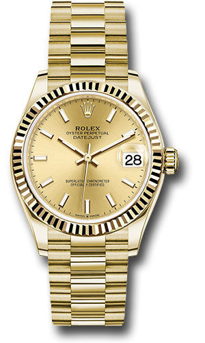 Rolex Yellow Gold Datejust 31 Watch - Fluted Bezel - Champagne Index Dial - President Bracelet - 278278 chip【1:1 Replica】