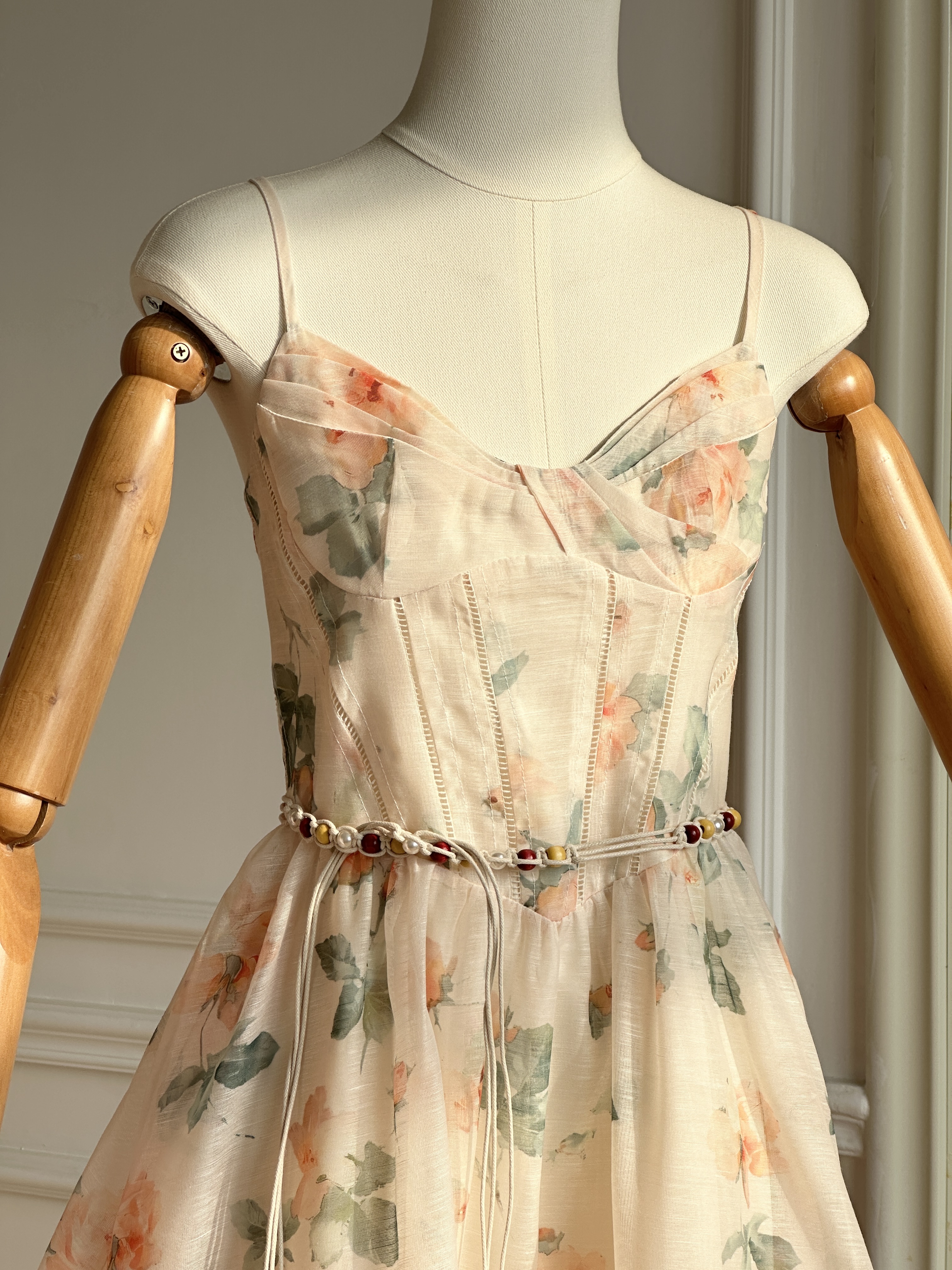 French Corset Boned Watercolor Rose Floral Spaghetti Strap Mini Dress