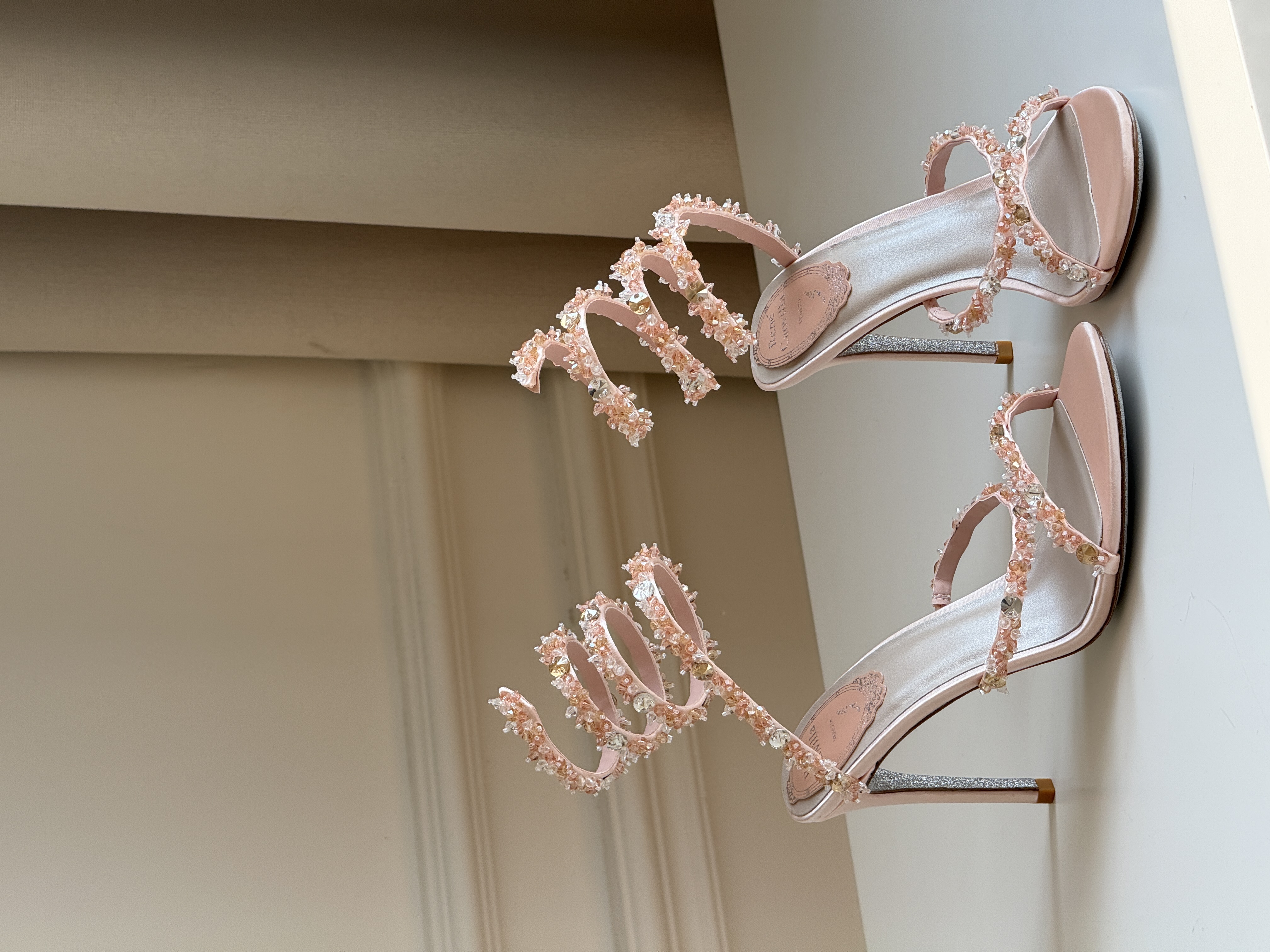 Nude Pink Spiral Ankle Wrap Hand-Beaded Crystal Open Toe Stiletto Sandals