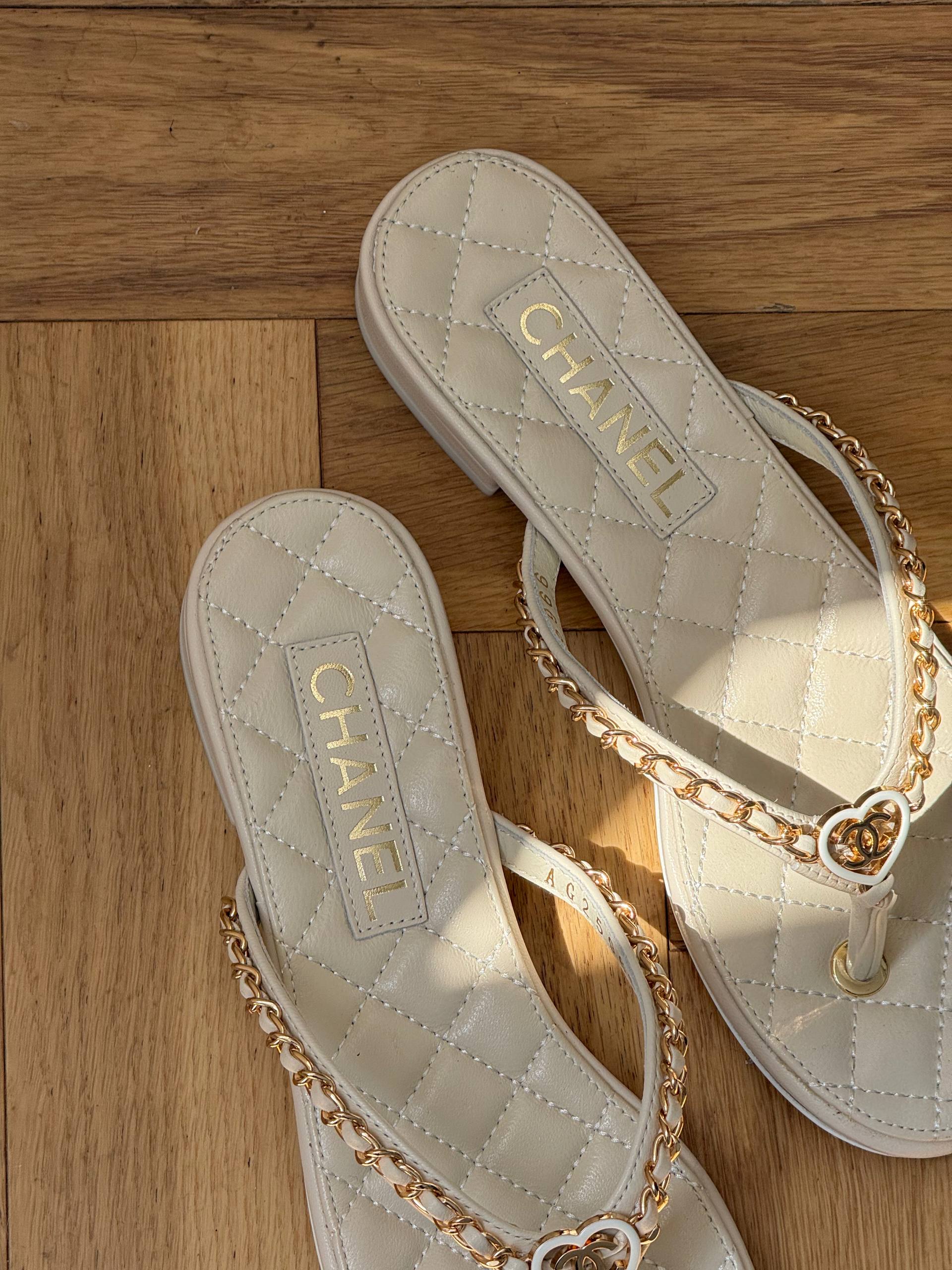 Chanel Quilted Lambskin Heart & Chain Thong Sandals