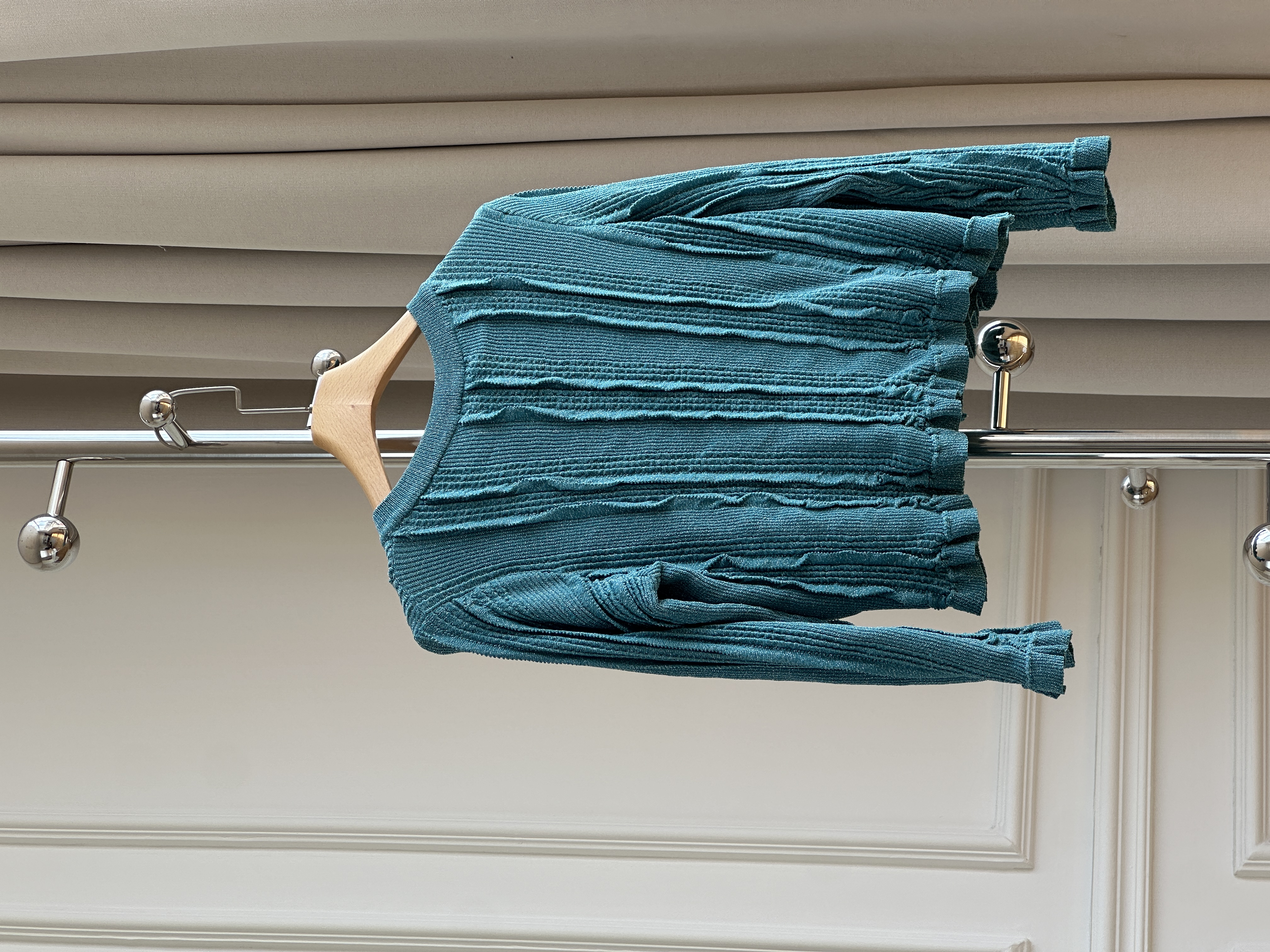 Chanel Peacock Blue Textured Vertical Rib Knit Cropped Cardigan With Silver Interlocking CC Buttons