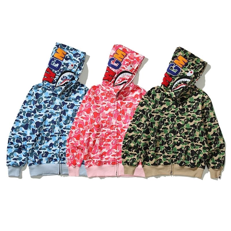 Single zippper shark face embroidery mini camo hoodie