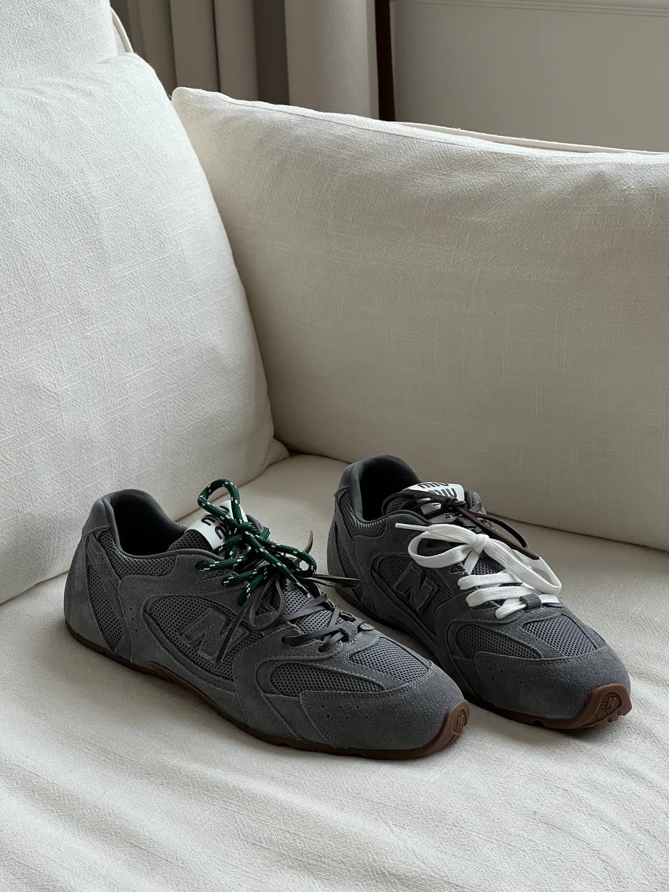 Miu Miu Grey Suede & Mesh Panel Triple Laces Retro Low Top Sneakers