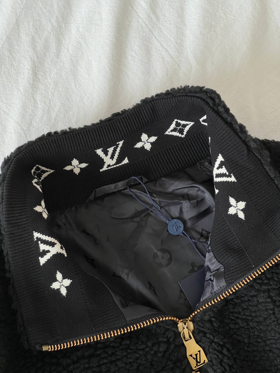 Louis Vuitton Black Stand Collar Teddy Fleece Zip-Up Loose Jacket With Leather Label & Gold Zipper