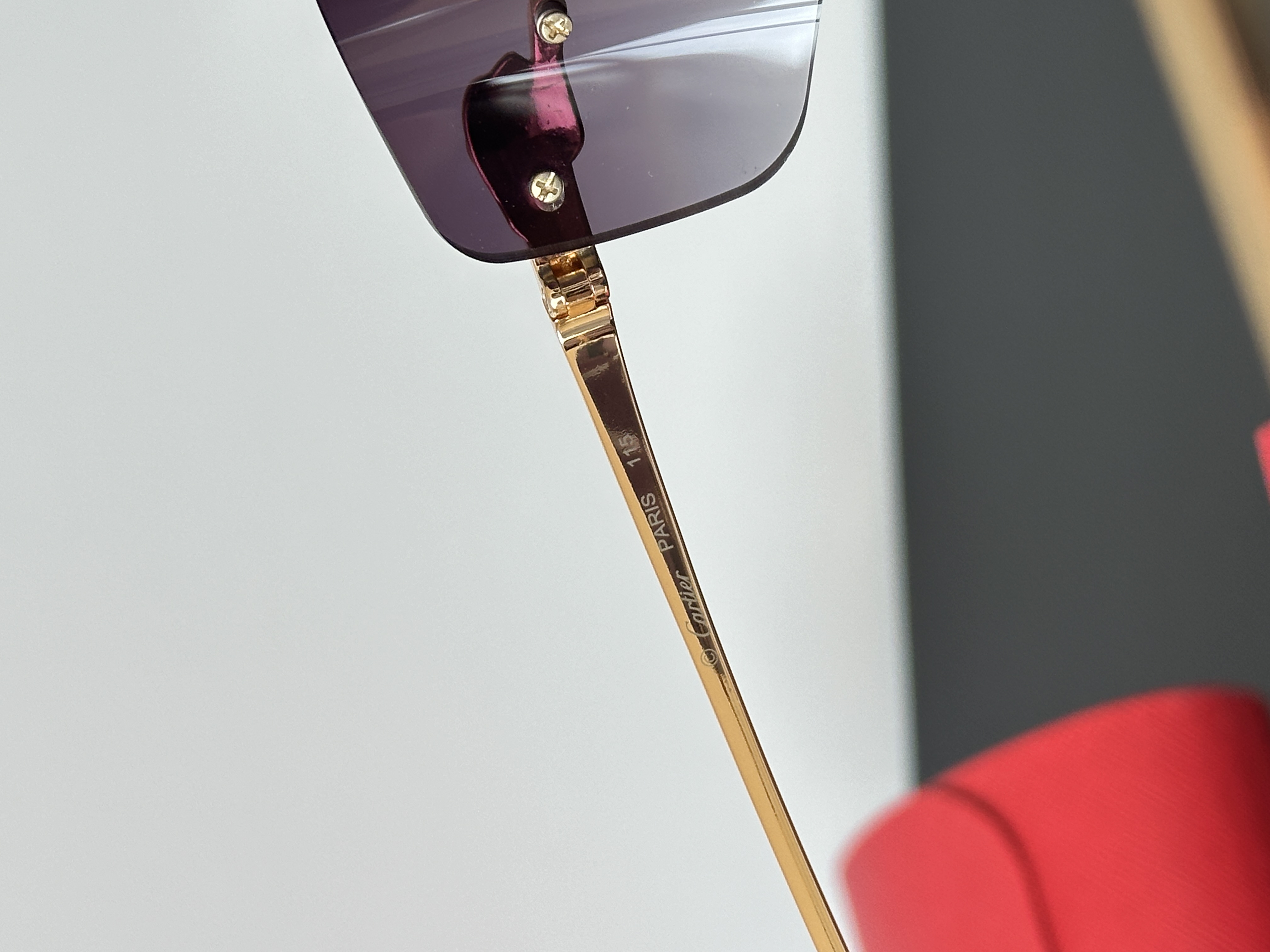 Cartier Gold Panther Head Rimless Gradient Burgundy Lens Sunglasses