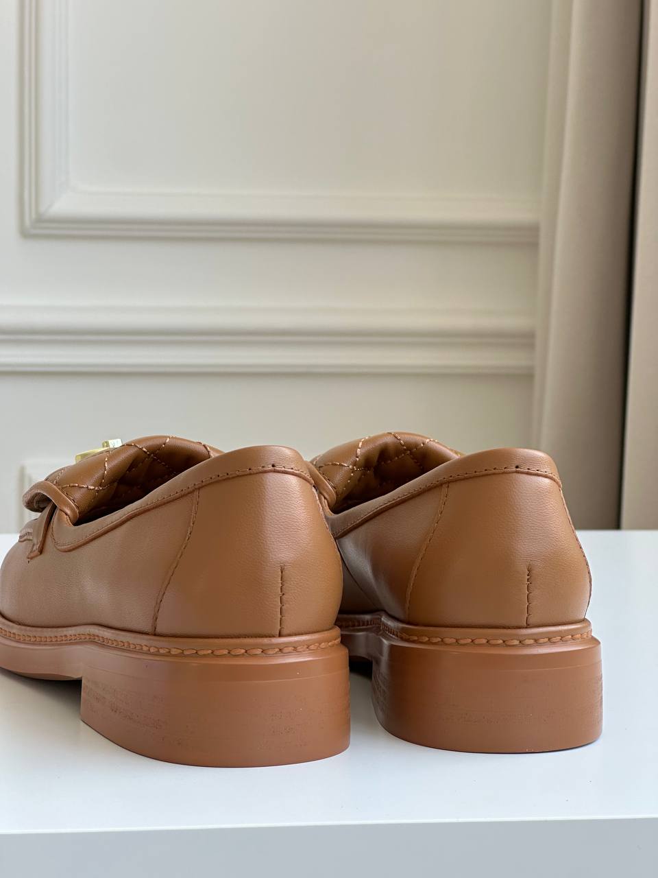 Chanel Caramel Brown Smooth Calfskin Quilted Flap Turn-Lock Gold CC Low-Heel Loafers