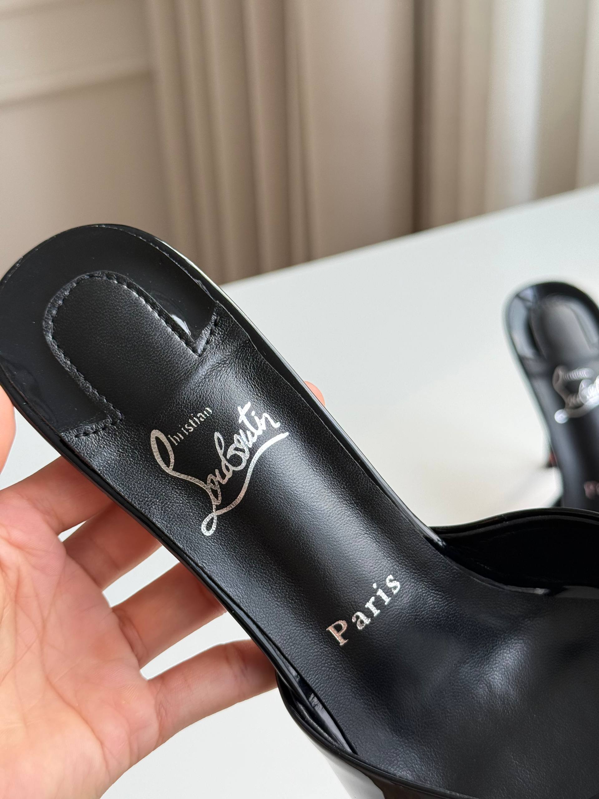 Christian Louboutin Black Patent Leather Peep Toe Red Sole Stiletto Mules
